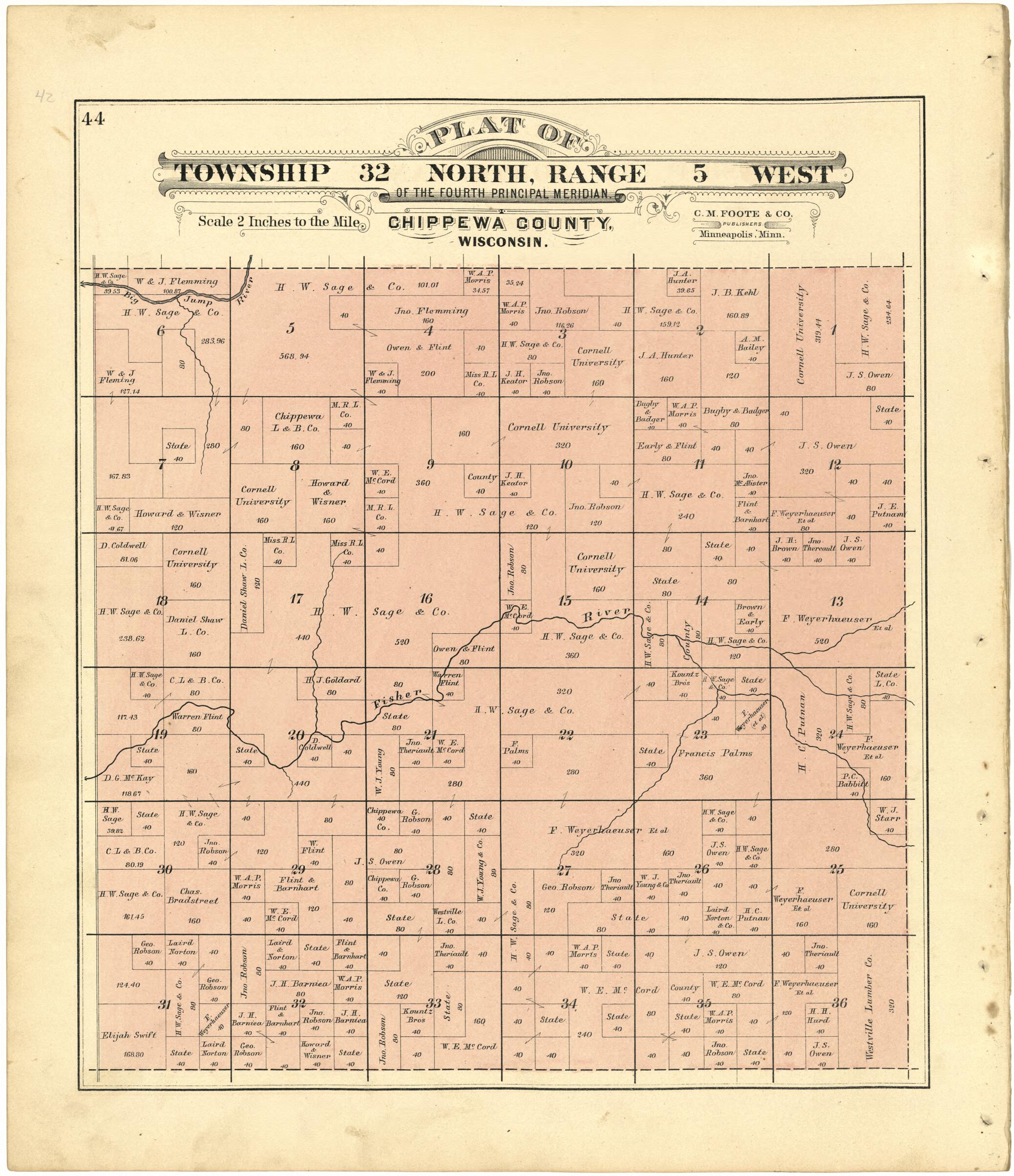 This old map of Plat of Township 32 North, Range 5 West from Plat Book of Chippewa County, Wisconsin from 1888 was created by C. M. (Charles M.) Foote in 1888