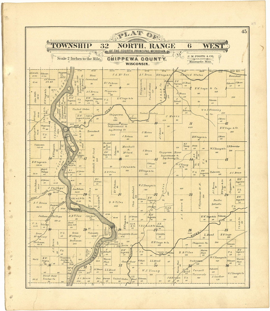 This old map of Plat of Township 32 North, Range 6 West from Plat Book of Chippewa County, Wisconsin from 1888 was created by C. M. (Charles M.) Foote in 1888