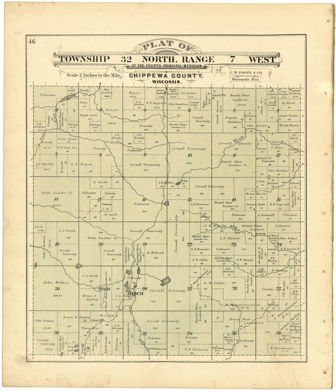This old map of Plat of Township 32 North, Range 7 West from Plat Book of Chippewa County, Wisconsin from 1888 was created by C. M. (Charles M.) Foote in 1888