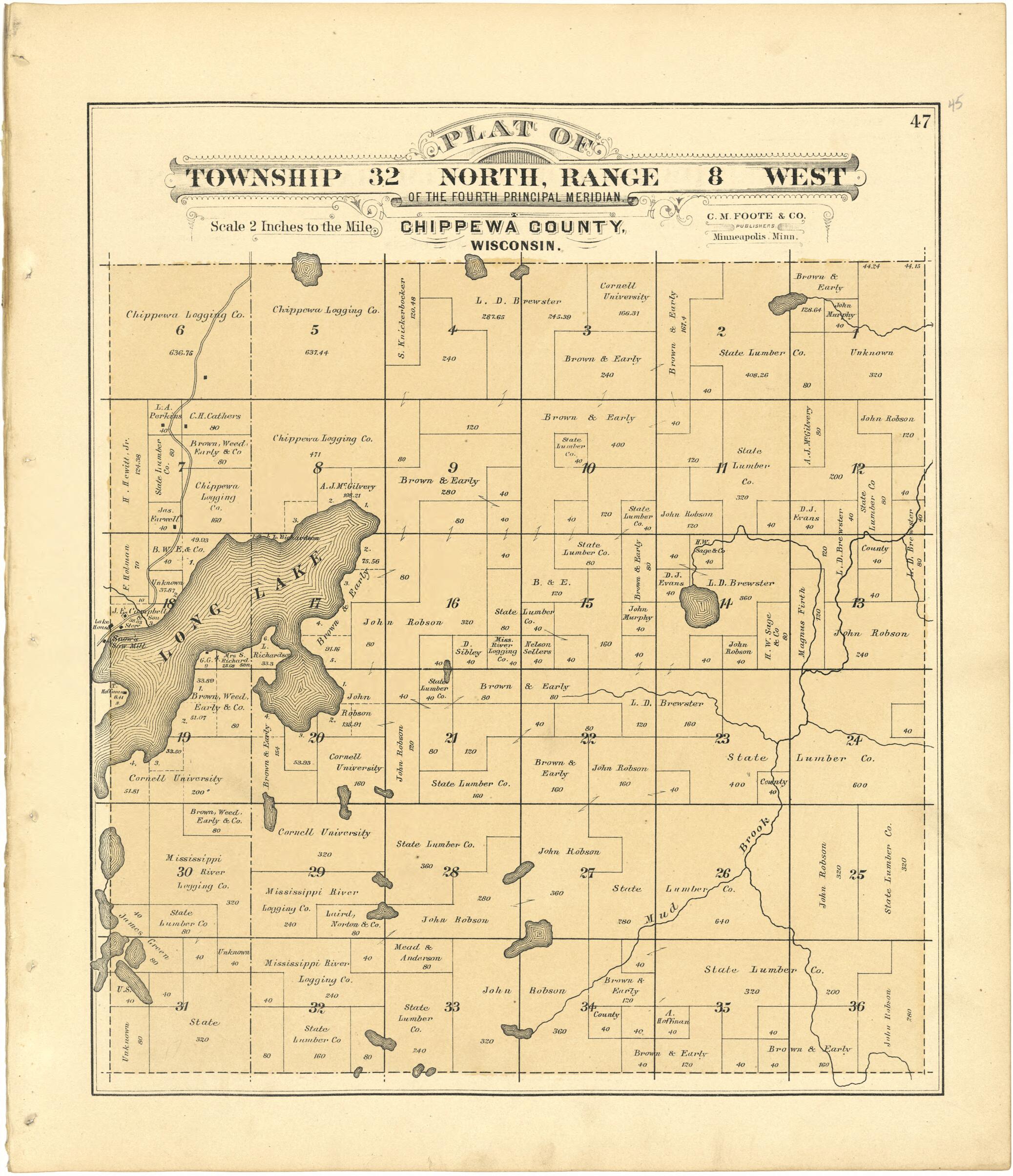 This old map of Plat of Township 32 North, Range 8 West from Plat Book of Chippewa County, Wisconsin from 1888 was created by C. M. (Charles M.) Foote in 1888