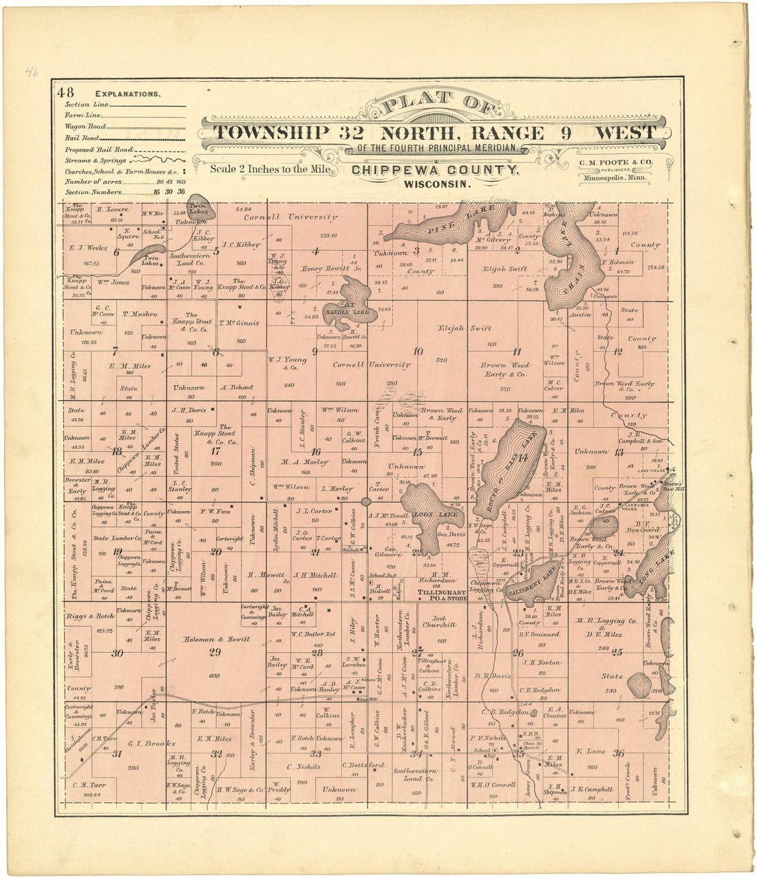 This old map of Plat of Township 32 North, Range 9 West from Plat Book of Chippewa County, Wisconsin from 1888 was created by C. M. (Charles M.) Foote in 1888
