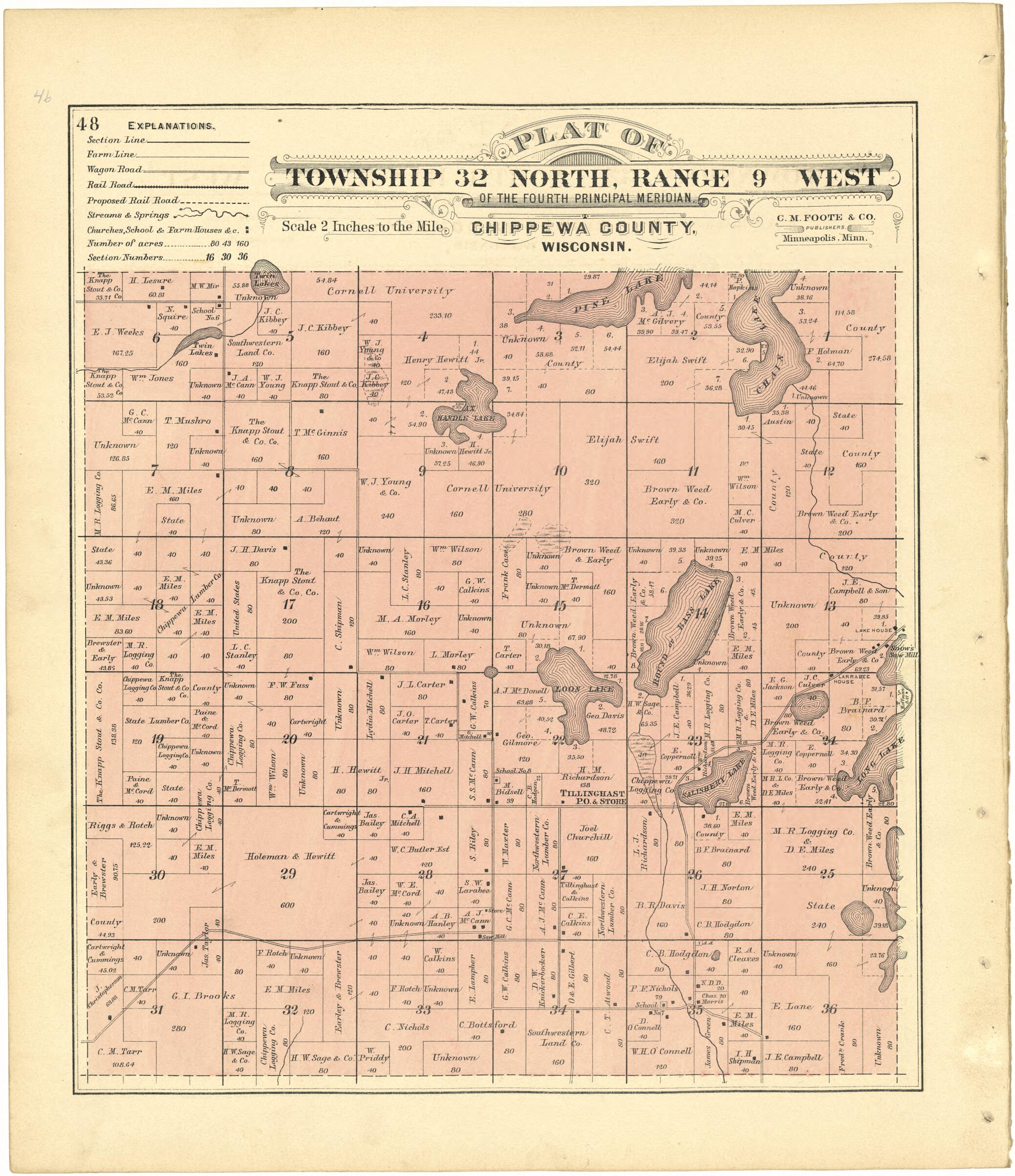 This old map of Plat of Township 32 North, Range 9 West from Plat Book of Chippewa County, Wisconsin from 1888 was created by C. M. (Charles M.) Foote in 1888