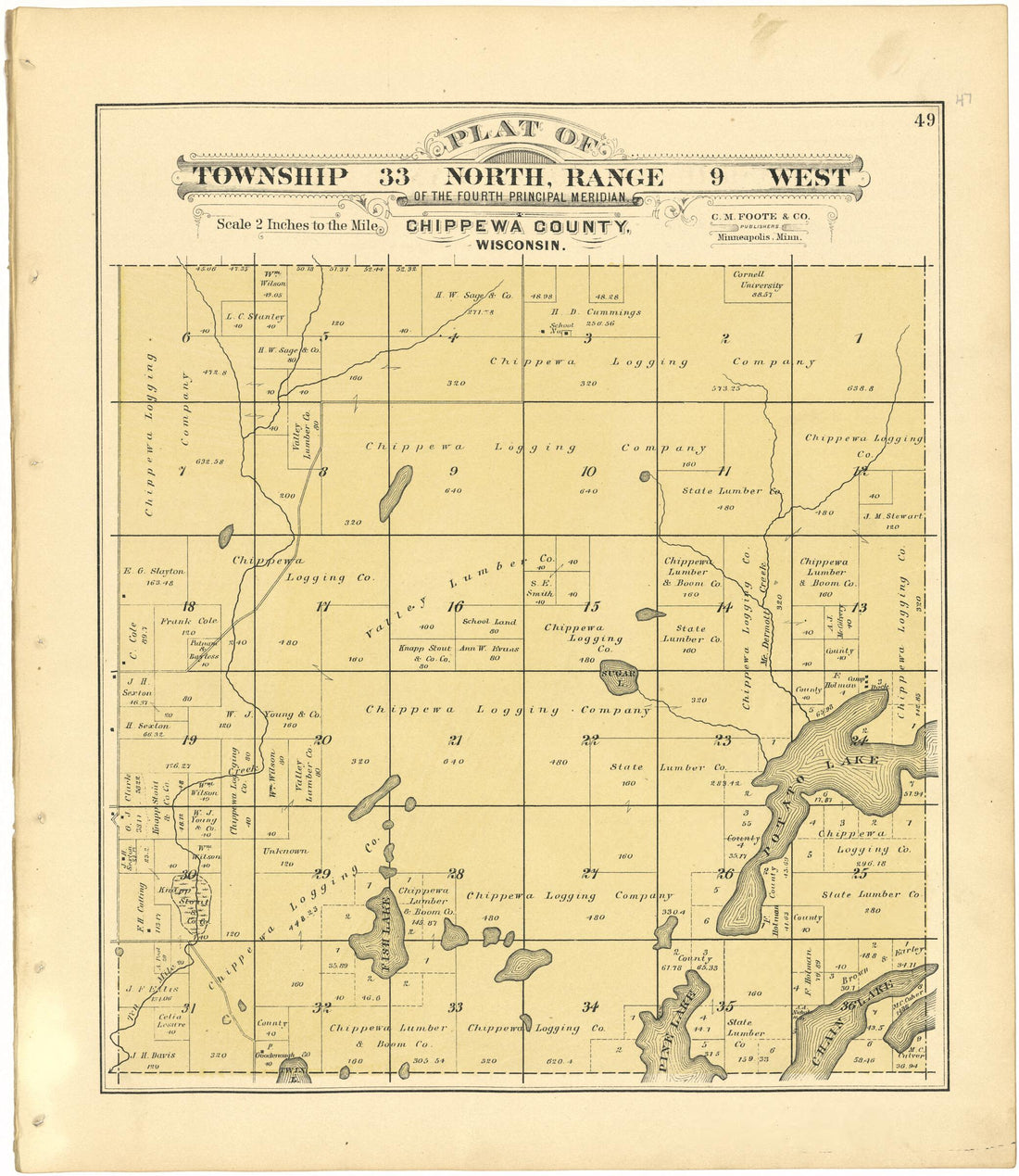 This old map of Plat of Township 33 North, Range 9 West from Plat Book of Chippewa County, Wisconsin from 1888 was created by C. M. (Charles M.) Foote in 1888