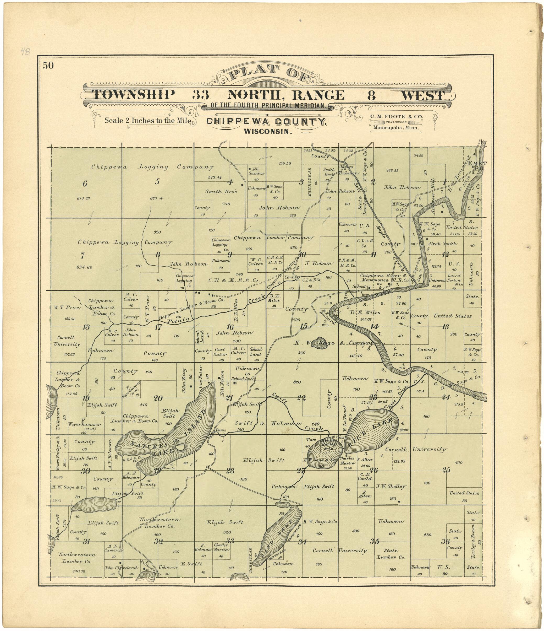 This old map of Plat of Township 33 North, Range 8 West from Plat Book of Chippewa County, Wisconsin from 1888 was created by C. M. (Charles M.) Foote in 1888