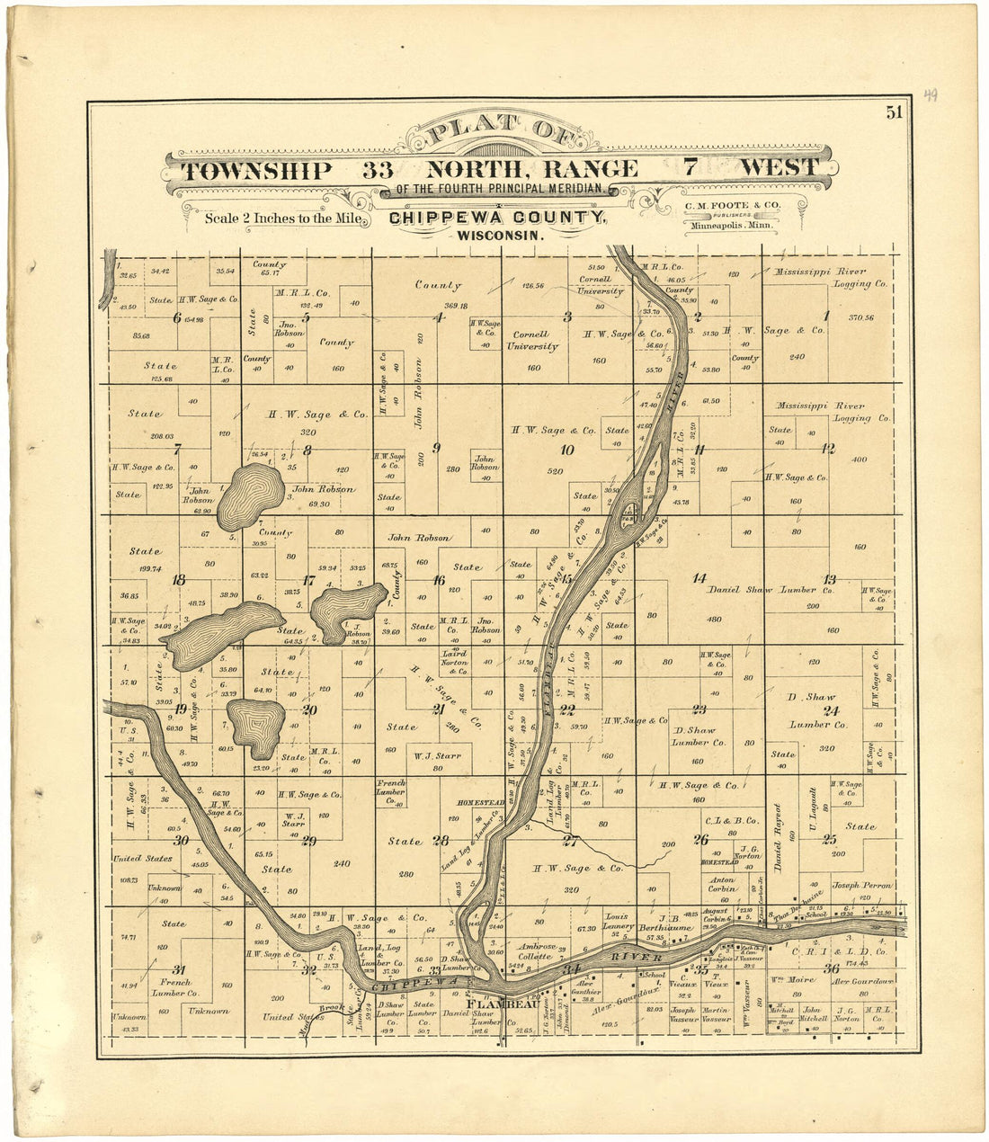 This old map of Plat of Township 33 North, Range 7 West from Plat Book of Chippewa County, Wisconsin from 1888 was created by C. M. (Charles M.) Foote in 1888