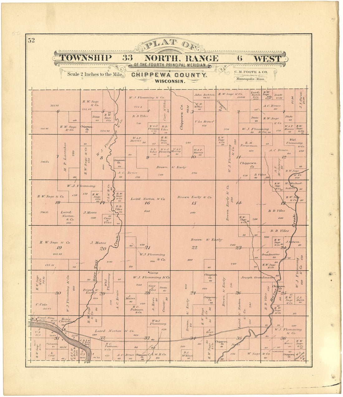 This old map of Plat of Township 33 North, Range 6 West from Plat Book of Chippewa County, Wisconsin from 1888 was created by C. M. (Charles M.) Foote in 1888