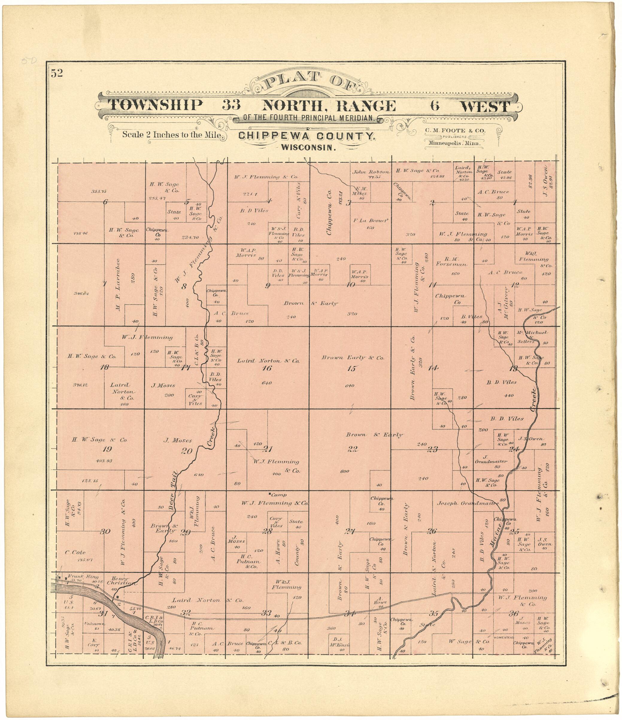 This old map of Plat of Township 33 North, Range 6 West from Plat Book of Chippewa County, Wisconsin from 1888 was created by C. M. (Charles M.) Foote in 1888