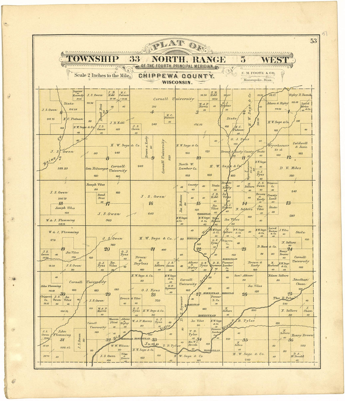 This old map of Plat of Township 33 North, Range 5 West from Plat Book of Chippewa County, Wisconsin from 1888 was created by C. M. (Charles M.) Foote in 1888