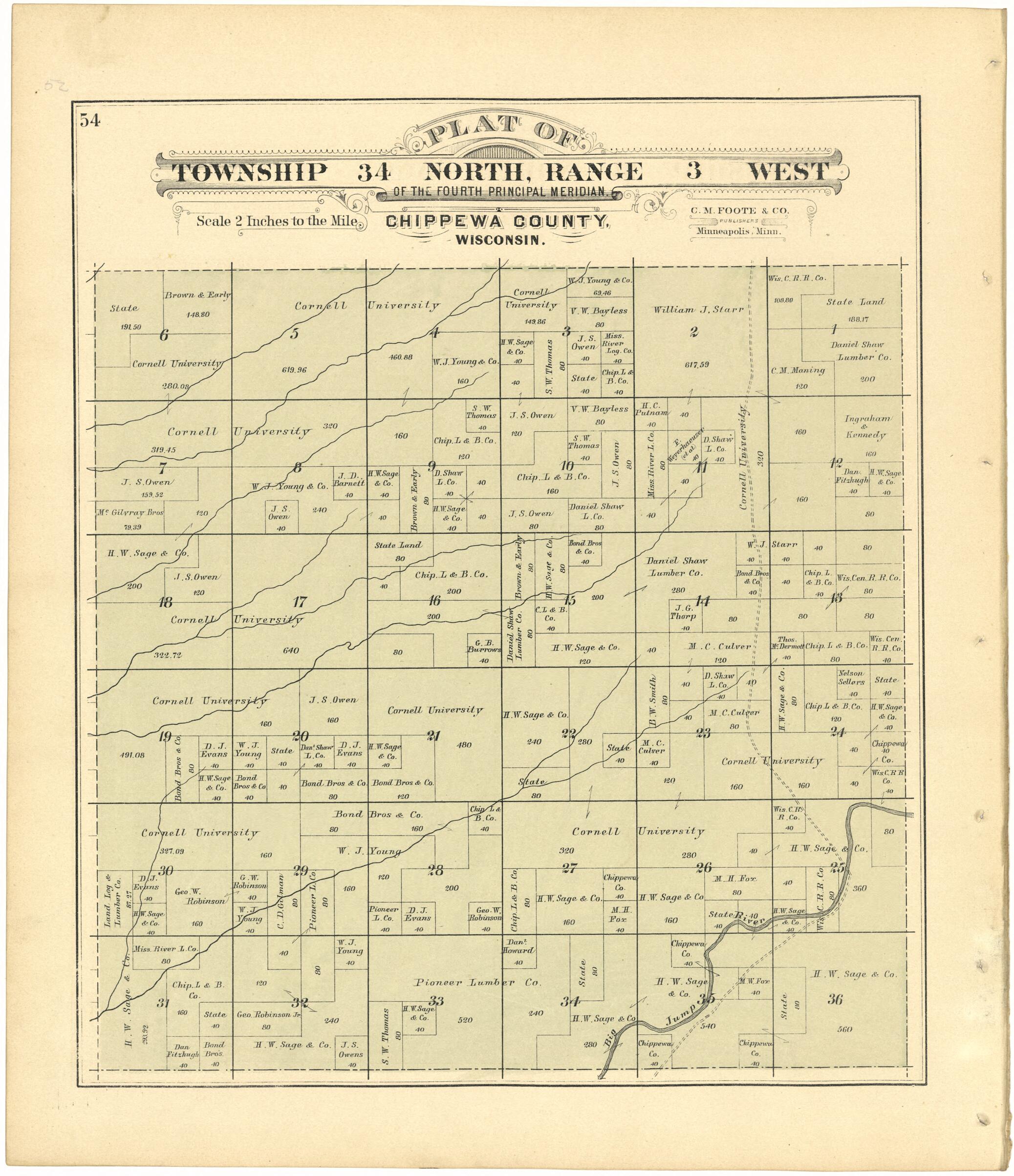 This old map of Plat of Township 34 North, Range 3 West from Plat Book of Chippewa County, Wisconsin from 1888 was created by C. M. (Charles M.) Foote in 1888