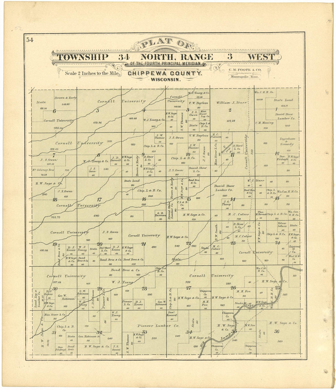 This old map of Plat of Township 34 North, Range 3 West from Plat Book of Chippewa County, Wisconsin from 1888 was created by C. M. (Charles M.) Foote in 1888
