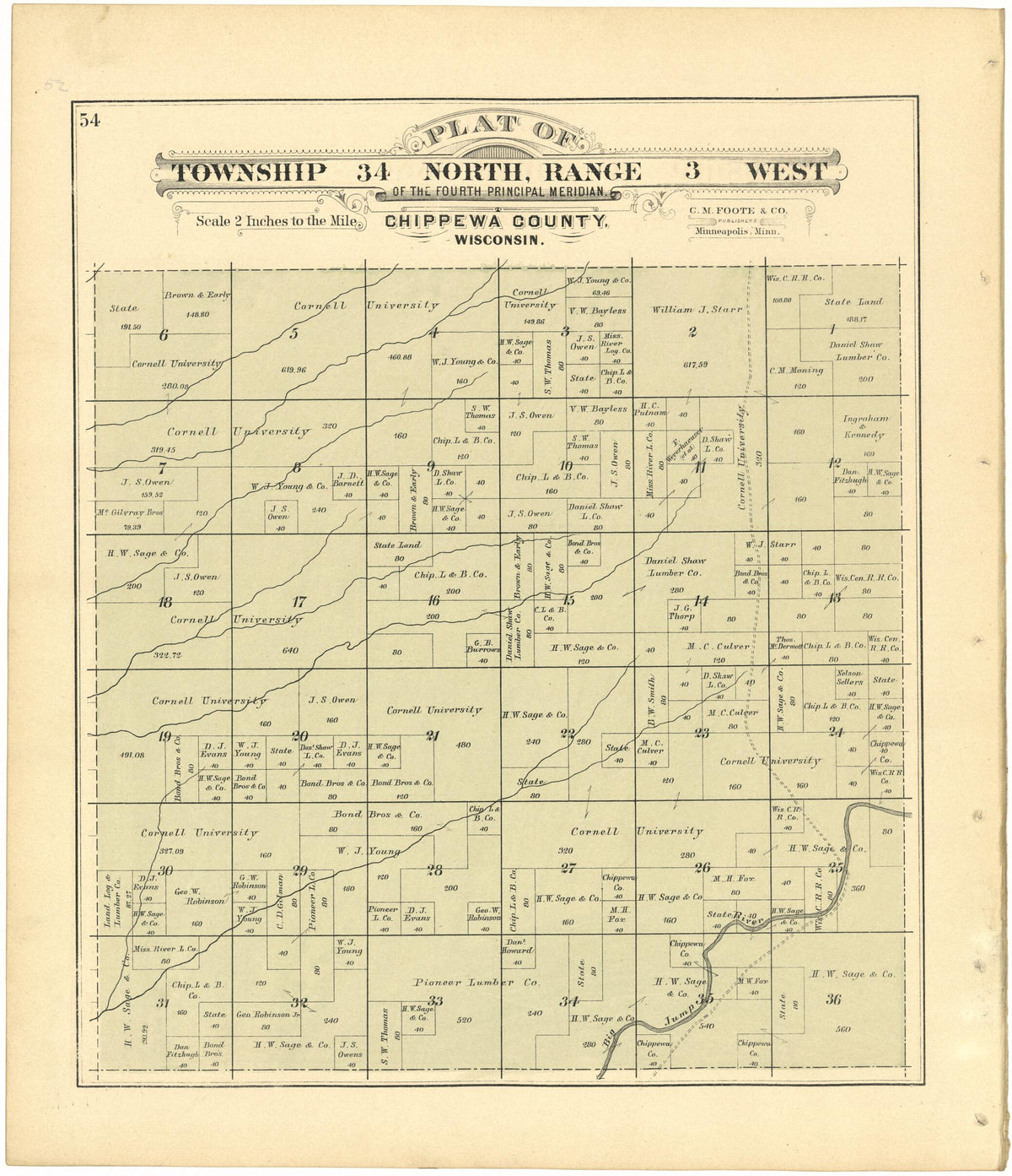 Plat of Township 34 North, Range 3 West from Plat Book of Chippewa County, Wisconsin 1888 by Relic Map Company