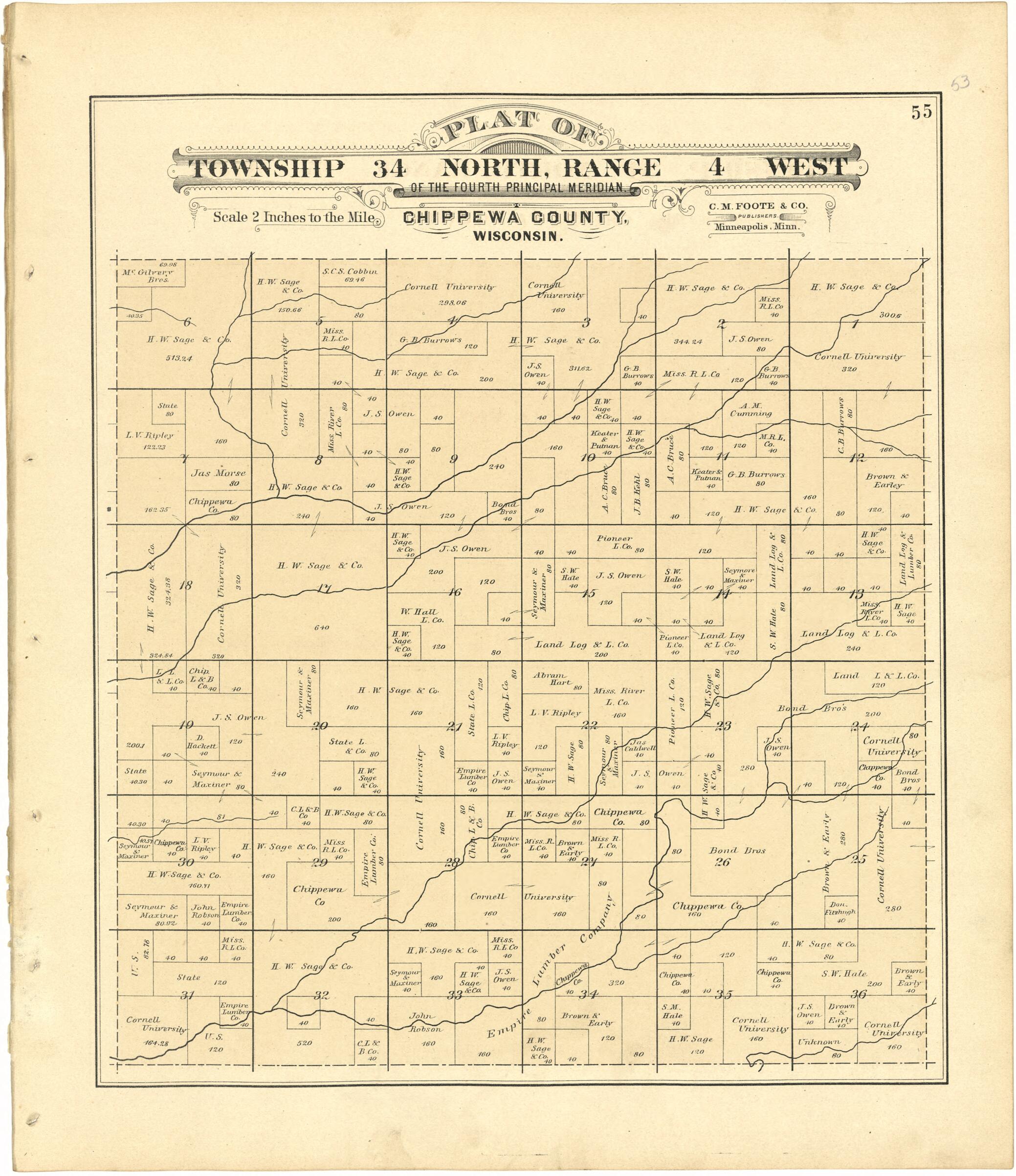 This old map of Plat of Township 34 North, Range 4 West from Plat Book of Chippewa County, Wisconsin from 1888 was created by C. M. (Charles M.) Foote in 1888