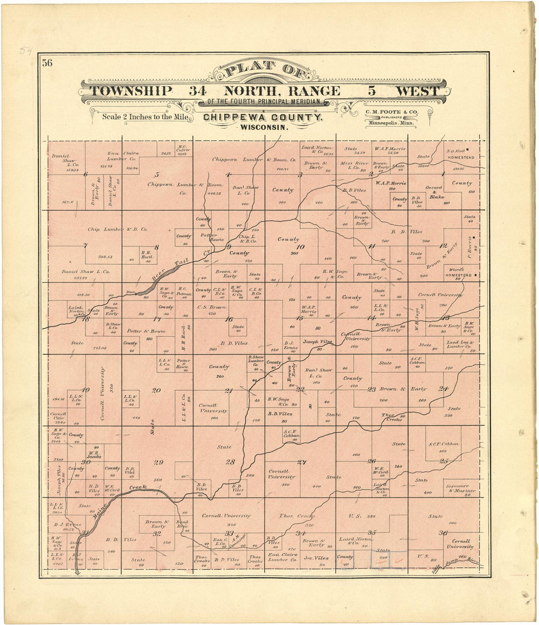 This old map of Plat of Township 34 North, Range 5 West from Plat Book of Chippewa County, Wisconsin from 1888 was created by C. M. (Charles M.) Foote in 1888