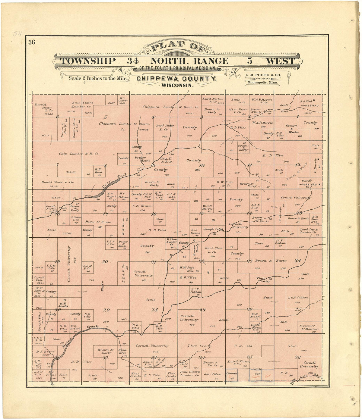 Plat of Township 34 North, Range 5 West from Plat Book of Chippewa County, Wisconsin 1888 by Relic Map Company