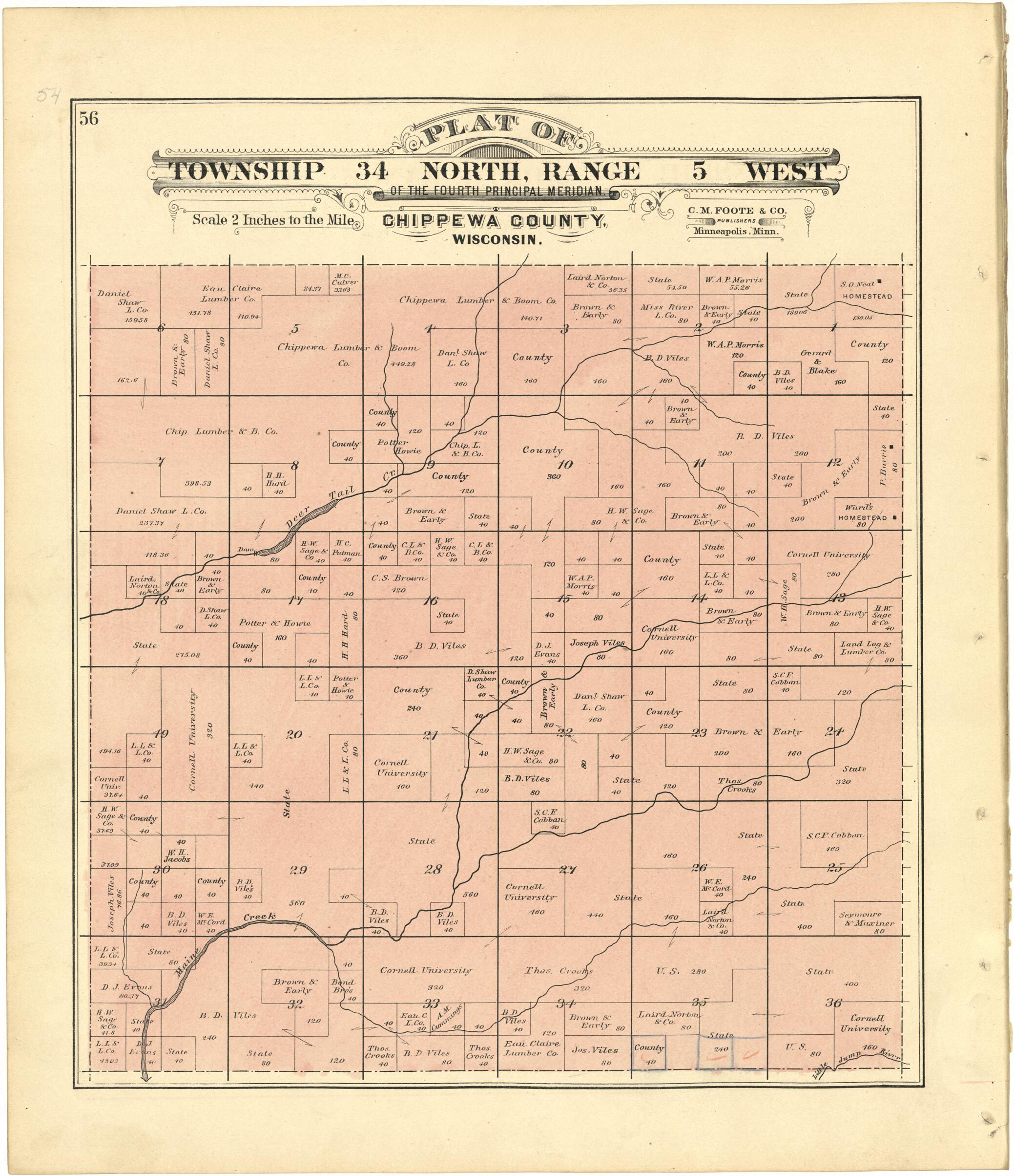 This old map of Plat of Township 34 North, Range 5 West from Plat Book of Chippewa County, Wisconsin from 1888 was created by C. M. (Charles M.) Foote in 1888
