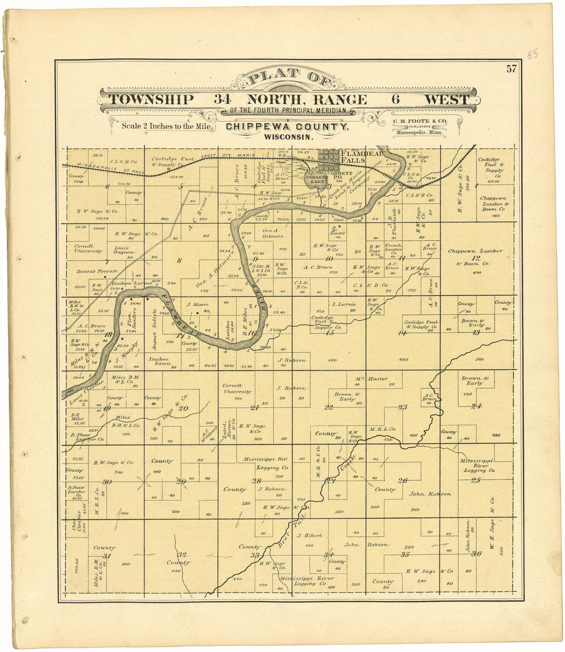 This old map of Plat of Township 34 North, Range 6 West from Plat Book of Chippewa County, Wisconsin from 1888 was created by C. M. (Charles M.) Foote in 1888