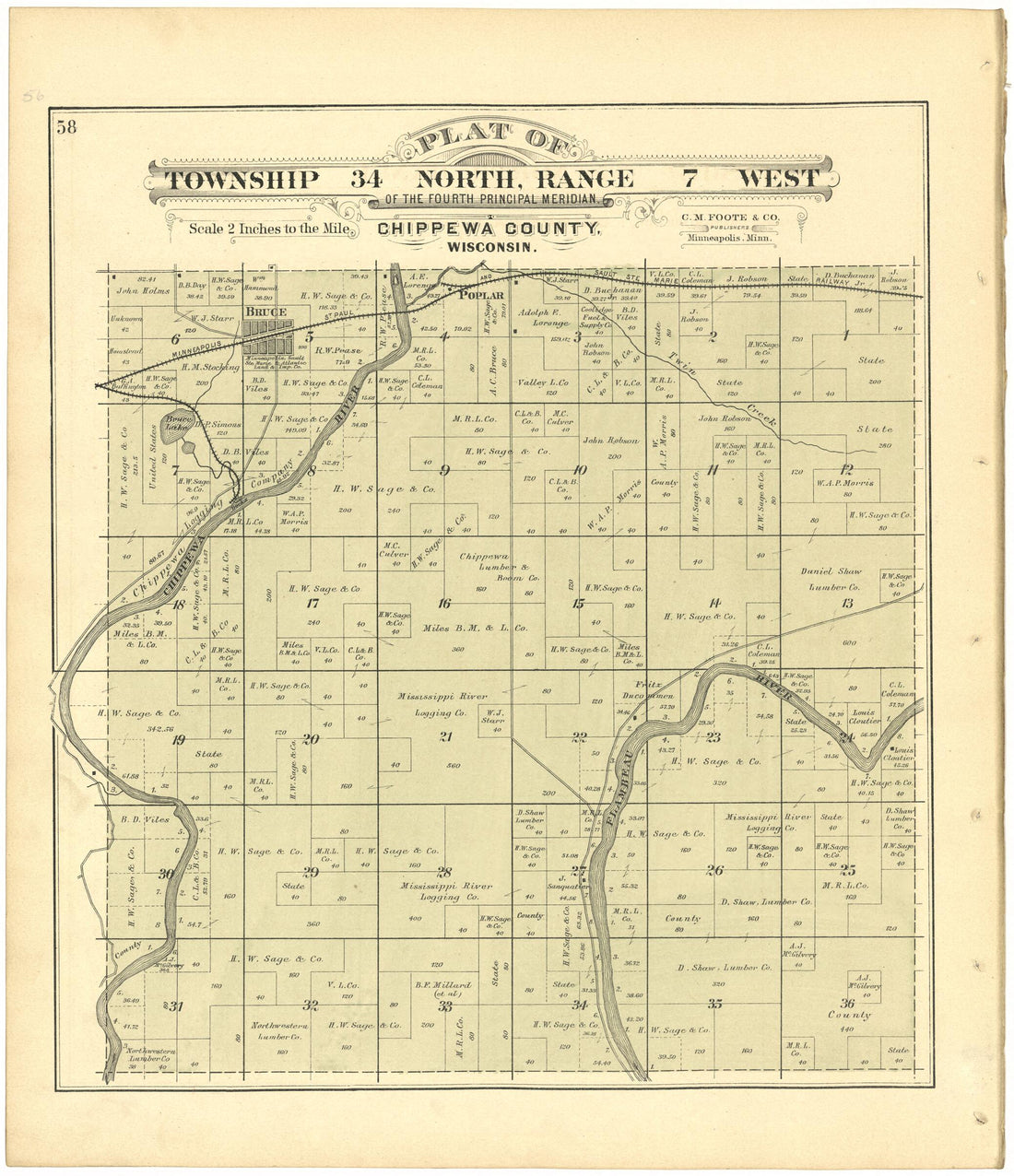 This old map of Plat of Township 34 North, Range 7 West from Plat Book of Chippewa County, Wisconsin from 1888 was created by C. M. (Charles M.) Foote in 1888