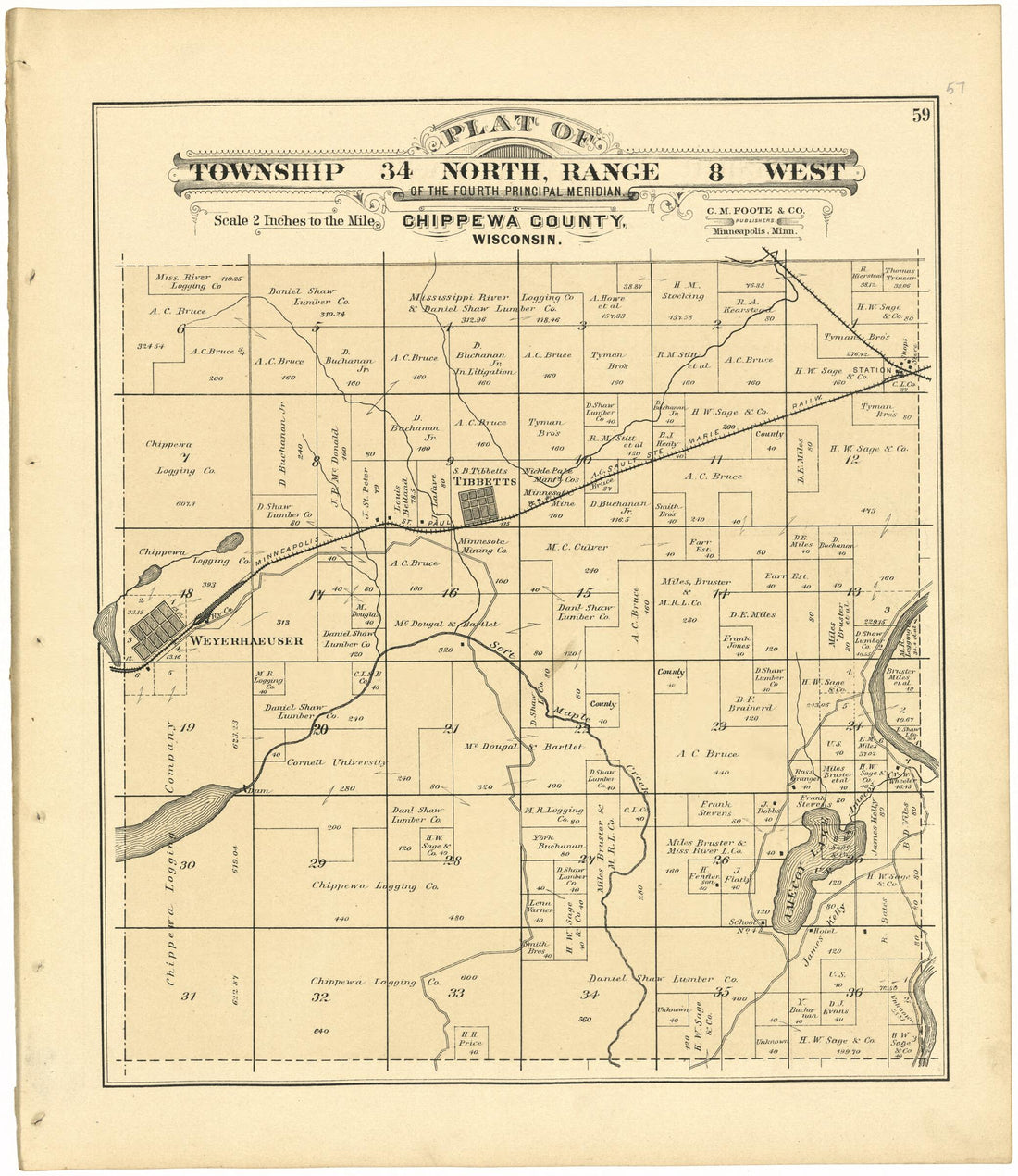 This old map of Plat of Township 34 North, Range 8 West from Plat Book of Chippewa County, Wisconsin from 1888 was created by C. M. (Charles M.) Foote in 1888