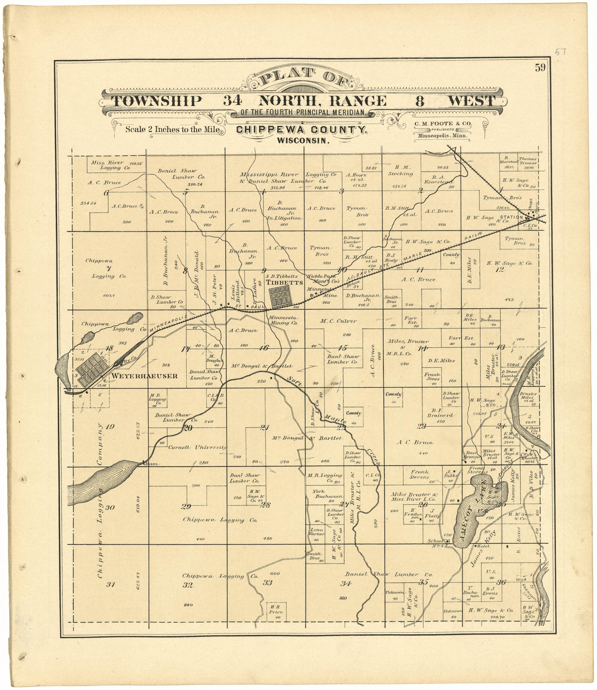This old map of Plat of Township 34 North, Range 8 West from Plat Book of Chippewa County, Wisconsin from 1888 was created by C. M. (Charles M.) Foote in 1888