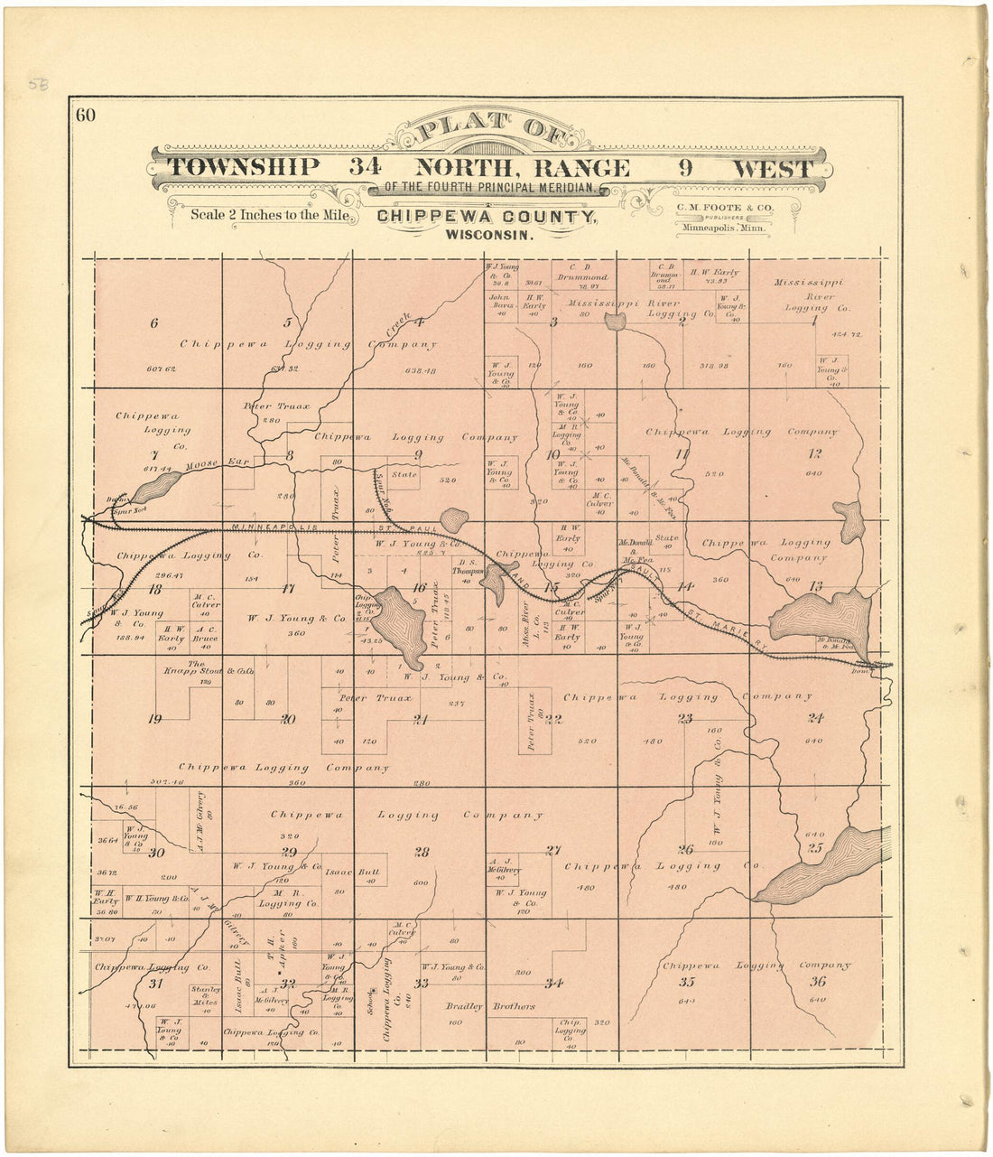 This old map of Plat of Township 34 North, Range 9 West from Plat Book of Chippewa County, Wisconsin from 1888 was created by C. M. (Charles M.) Foote in 1888
