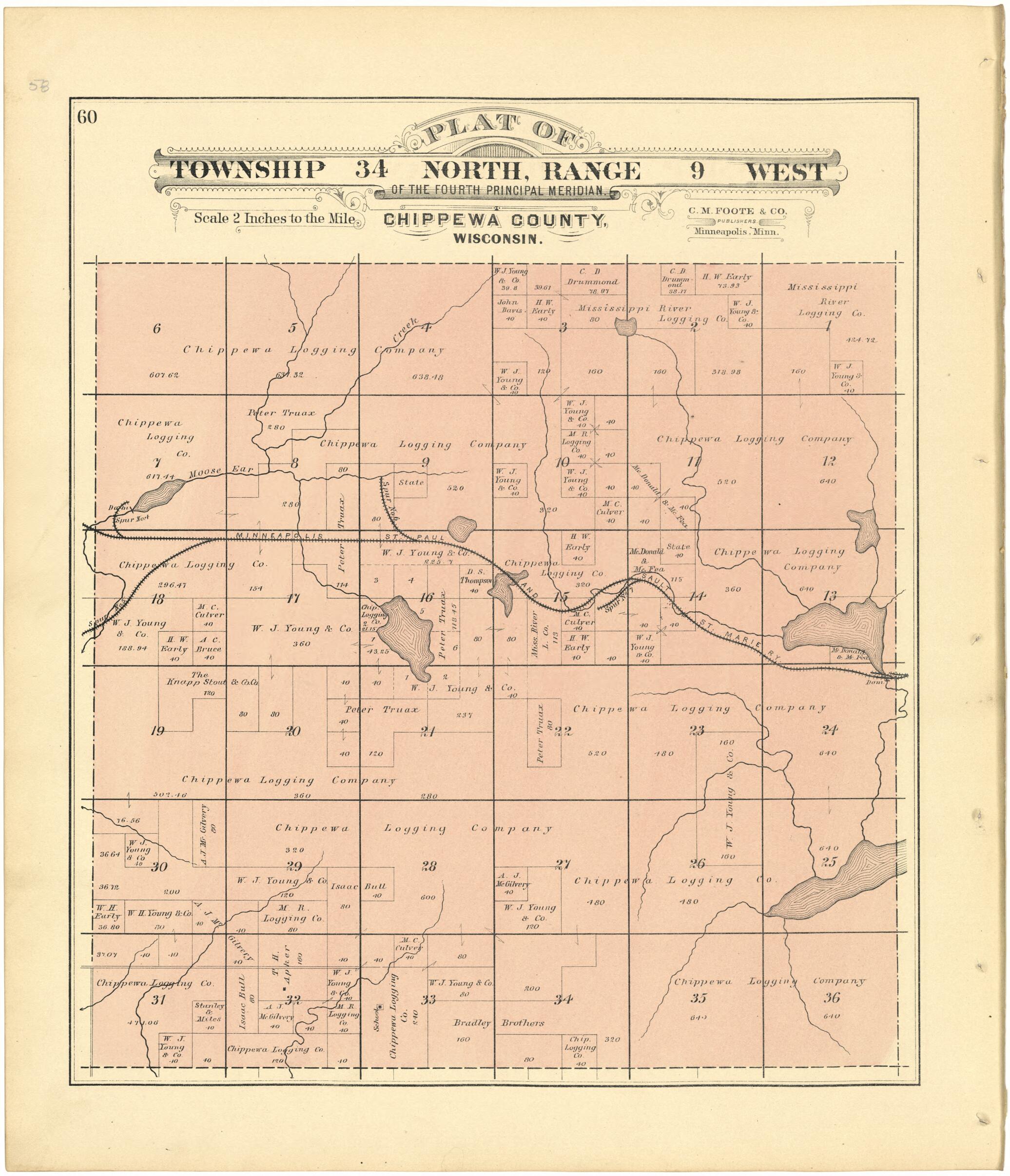 This old map of Plat of Township 34 North, Range 9 West from Plat Book of Chippewa County, Wisconsin from 1888 was created by C. M. (Charles M.) Foote in 1888