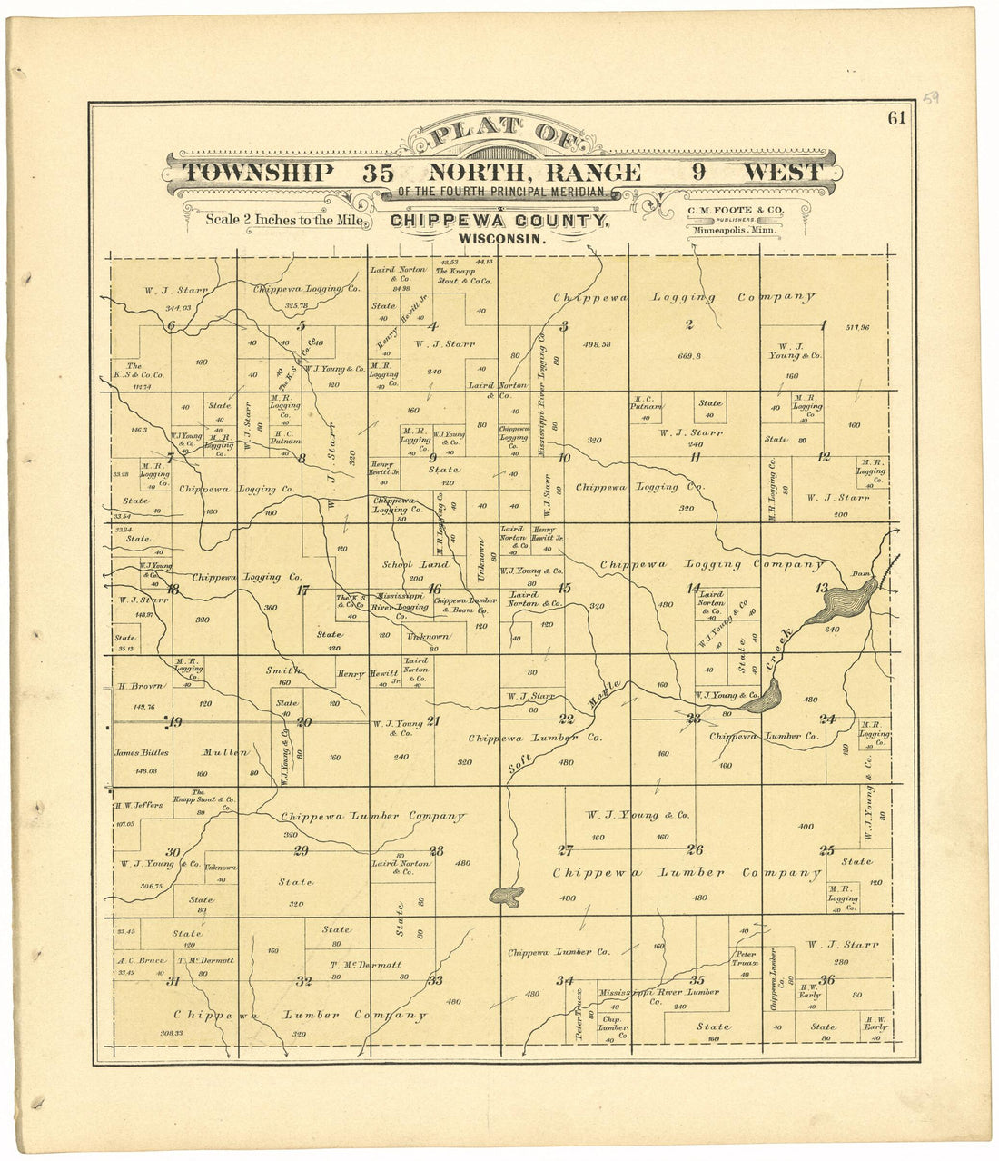 This old map of Plat of Township 35 North, Range 9 West from Plat Book of Chippewa County, Wisconsin from 1888 was created by C. M. (Charles M.) Foote in 1888