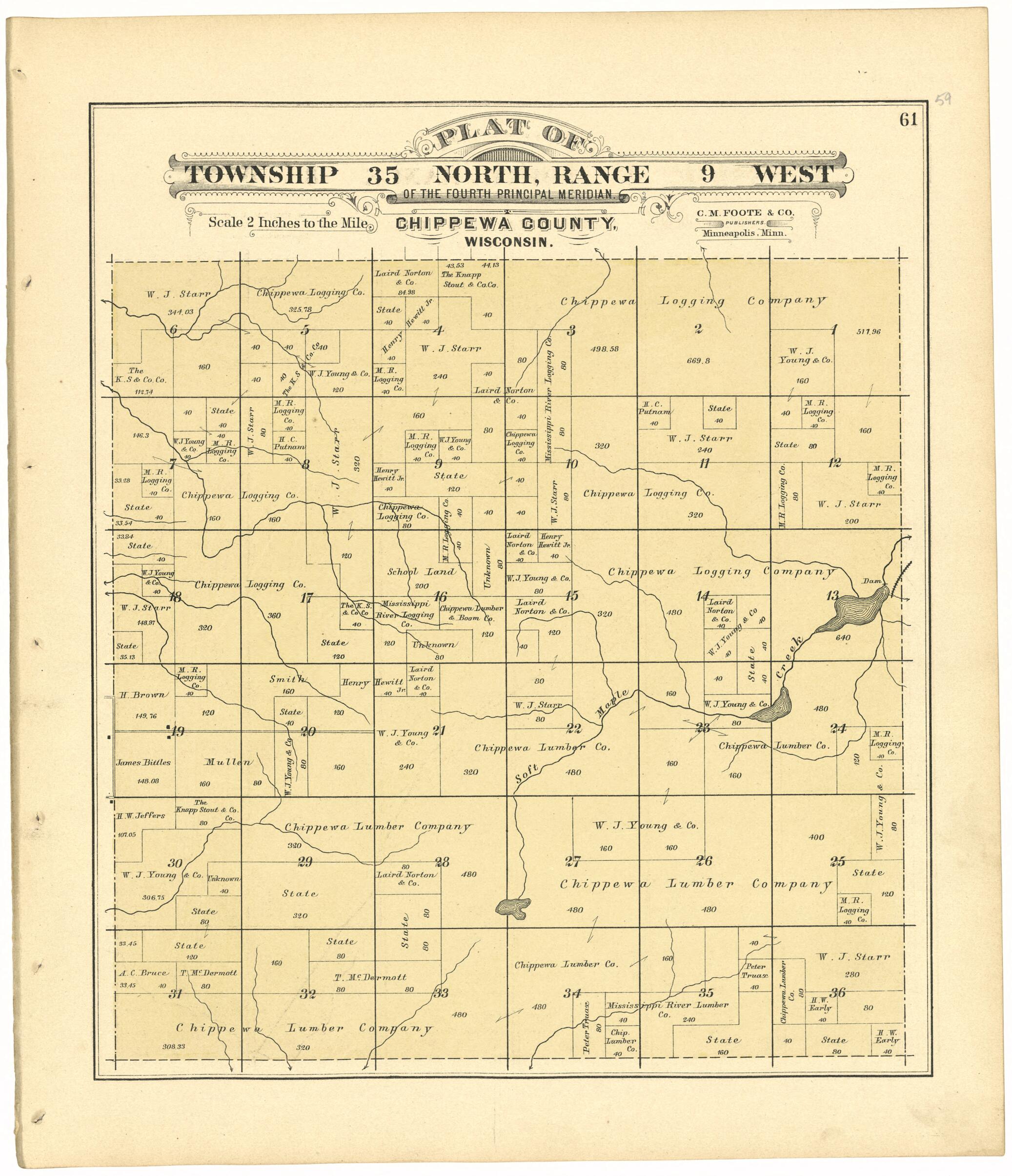 This old map of Plat of Township 35 North, Range 9 West from Plat Book of Chippewa County, Wisconsin from 1888 was created by C. M. (Charles M.) Foote in 1888