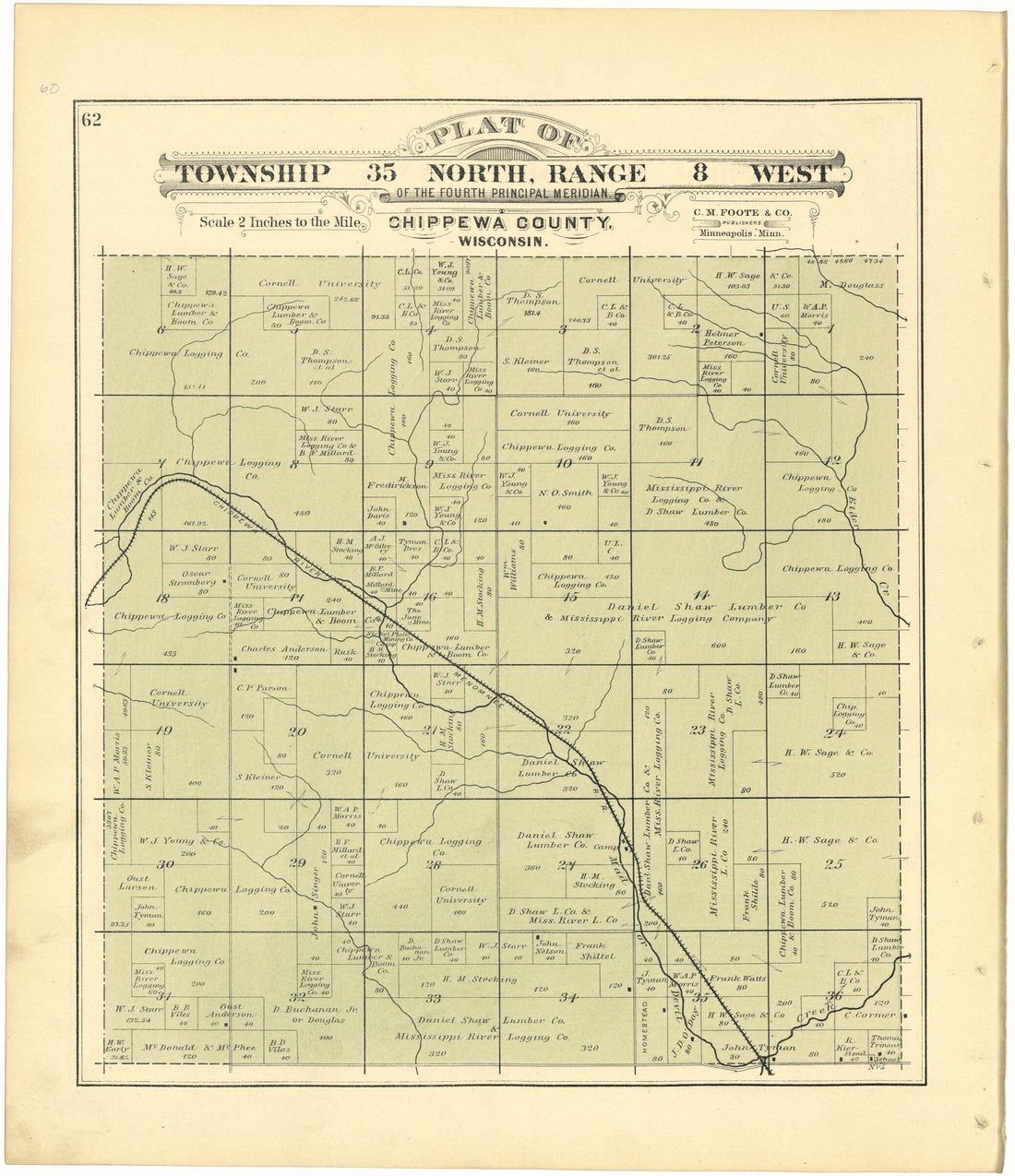 This old map of Plat of Township 35 North, Range 8 West from Plat Book of Chippewa County, Wisconsin from 1888 was created by C. M. (Charles M.) Foote in 1888