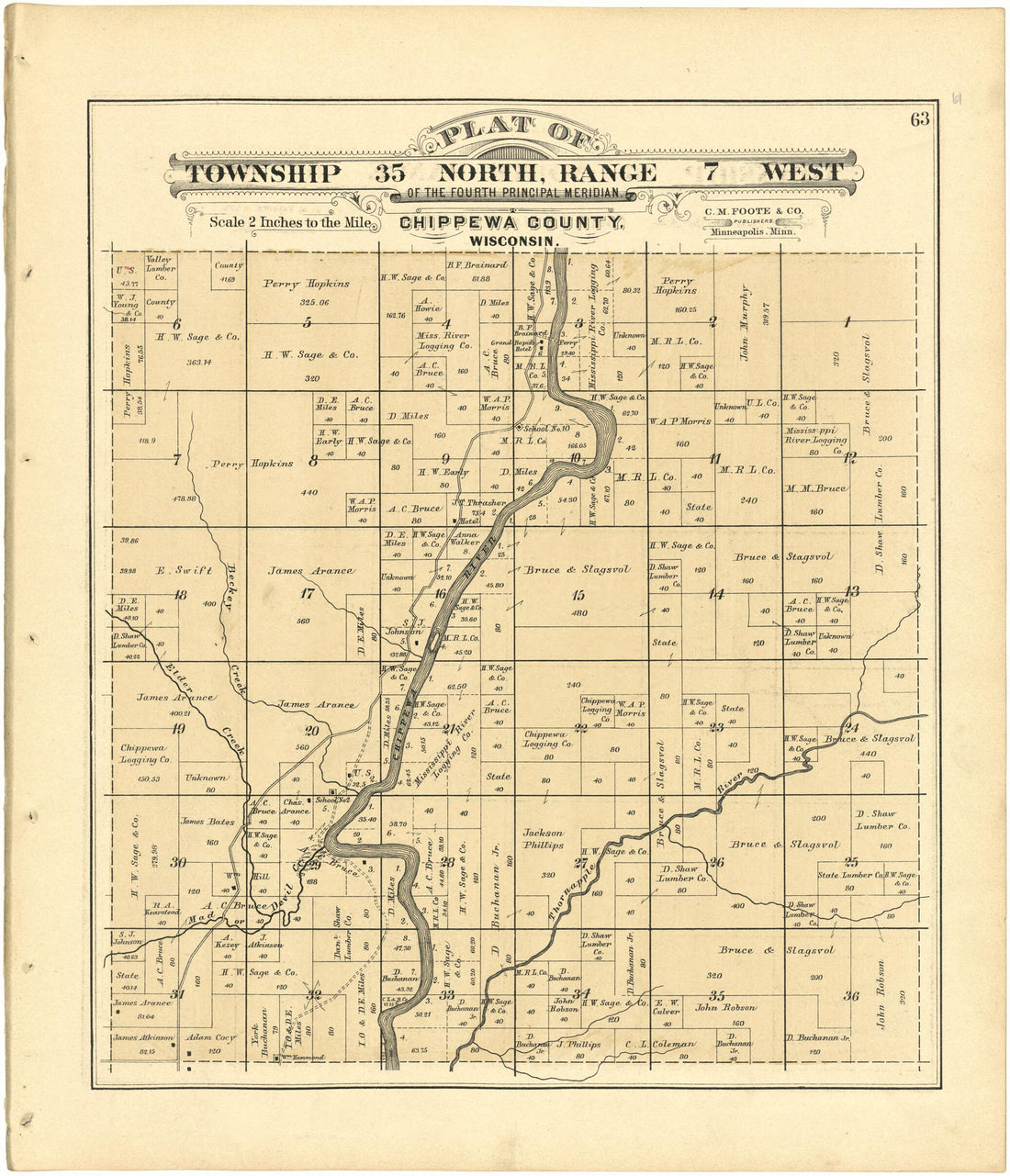 This old map of Plat of Township 35 North, Range 7 West from Plat Book of Chippewa County, Wisconsin from 1888 was created by C. M. (Charles M.) Foote in 1888