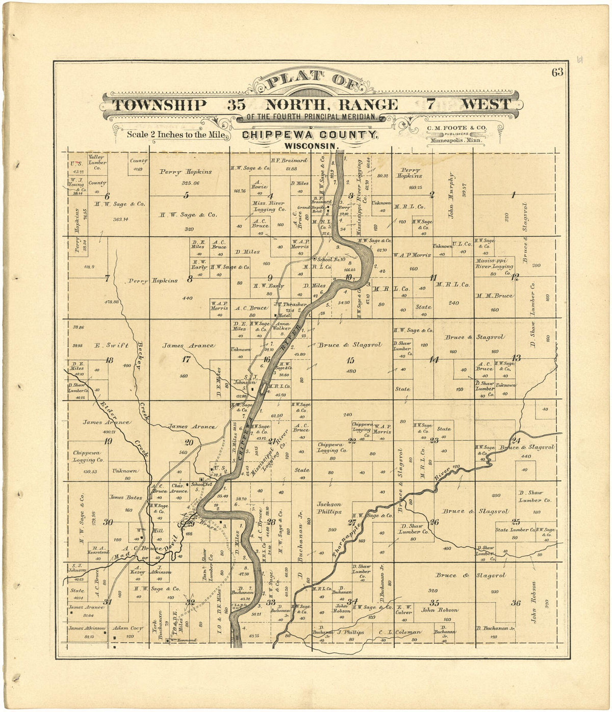Plat of Township 35 North, Range 7 West from Plat Book of Chippewa County, Wisconsin 1888 by Relic Map Company