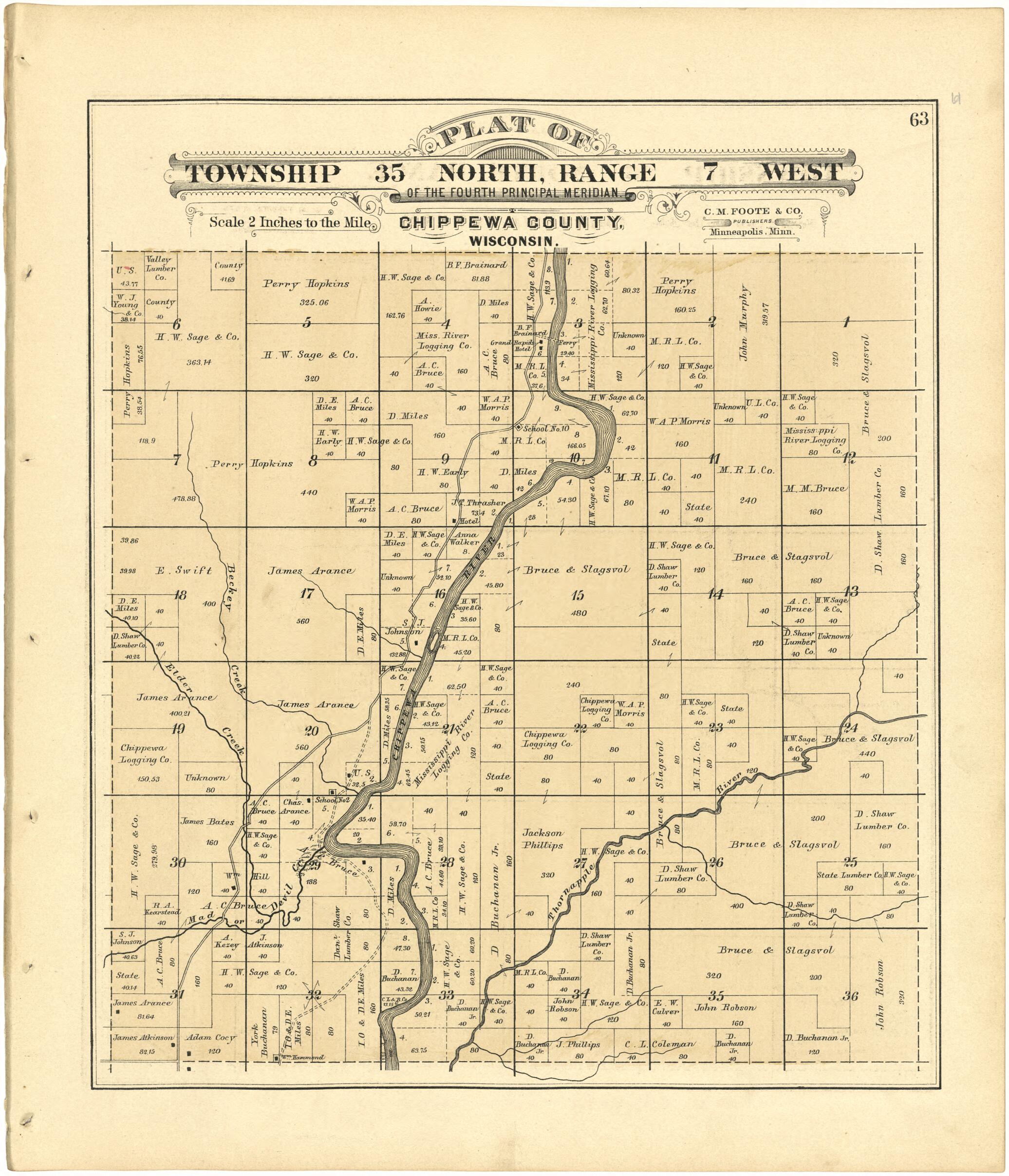 This old map of Plat of Township 35 North, Range 7 West from Plat Book of Chippewa County, Wisconsin from 1888 was created by C. M. (Charles M.) Foote in 1888