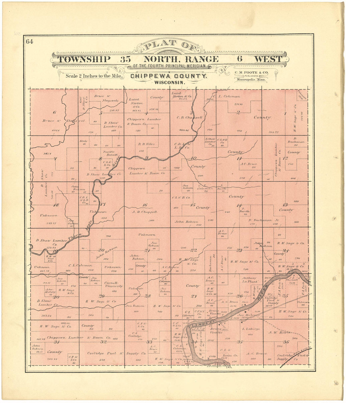This old map of Plat of Township 35 North, Range 6 West from Plat Book of Chippewa County, Wisconsin from 1888 was created by C. M. (Charles M.) Foote in 1888