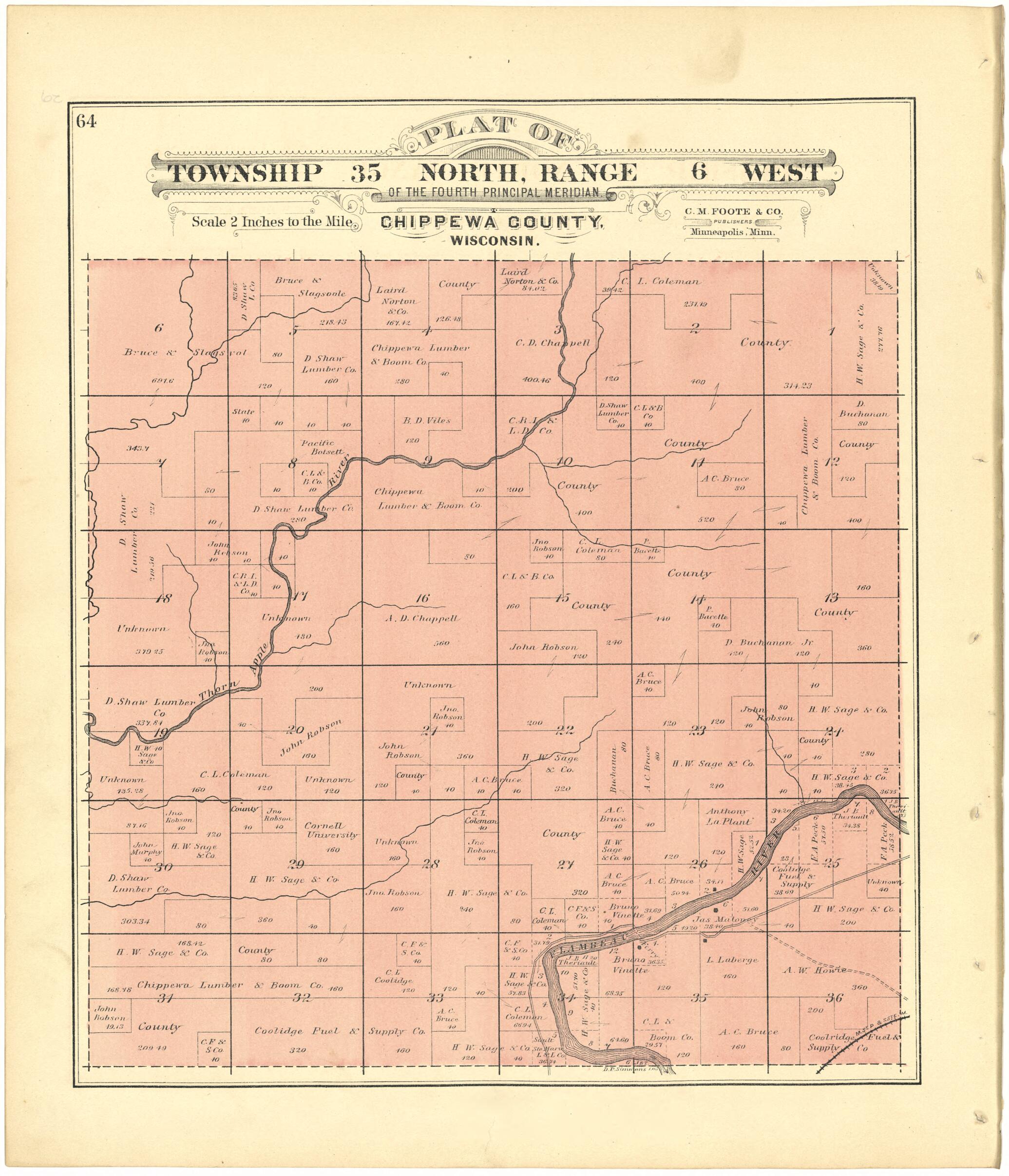 This old map of Plat of Township 35 North, Range 6 West from Plat Book of Chippewa County, Wisconsin from 1888 was created by C. M. (Charles M.) Foote in 1888