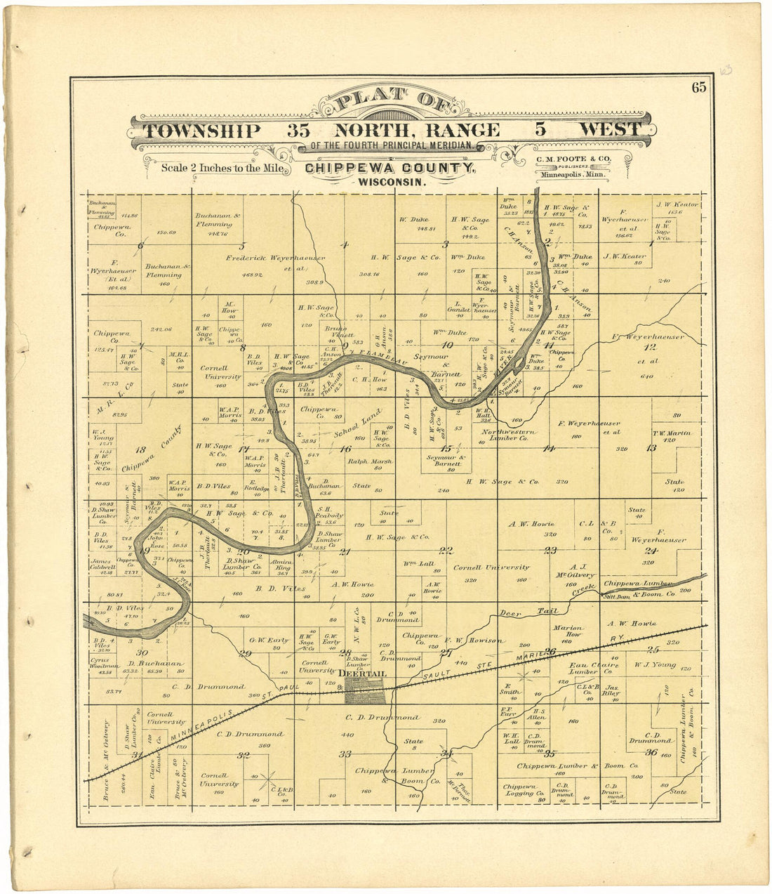 This old map of Plat of Township 35 North, Range 5 West from Plat Book of Chippewa County, Wisconsin from 1888 was created by C. M. (Charles M.) Foote in 1888