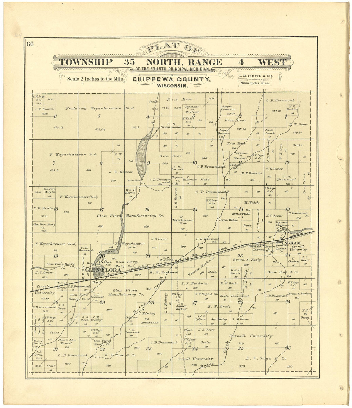 Plat of Township 35 North, Range 4 West from Plat Book of Chippewa County, Wisconsin 1888 by Relic Map Company