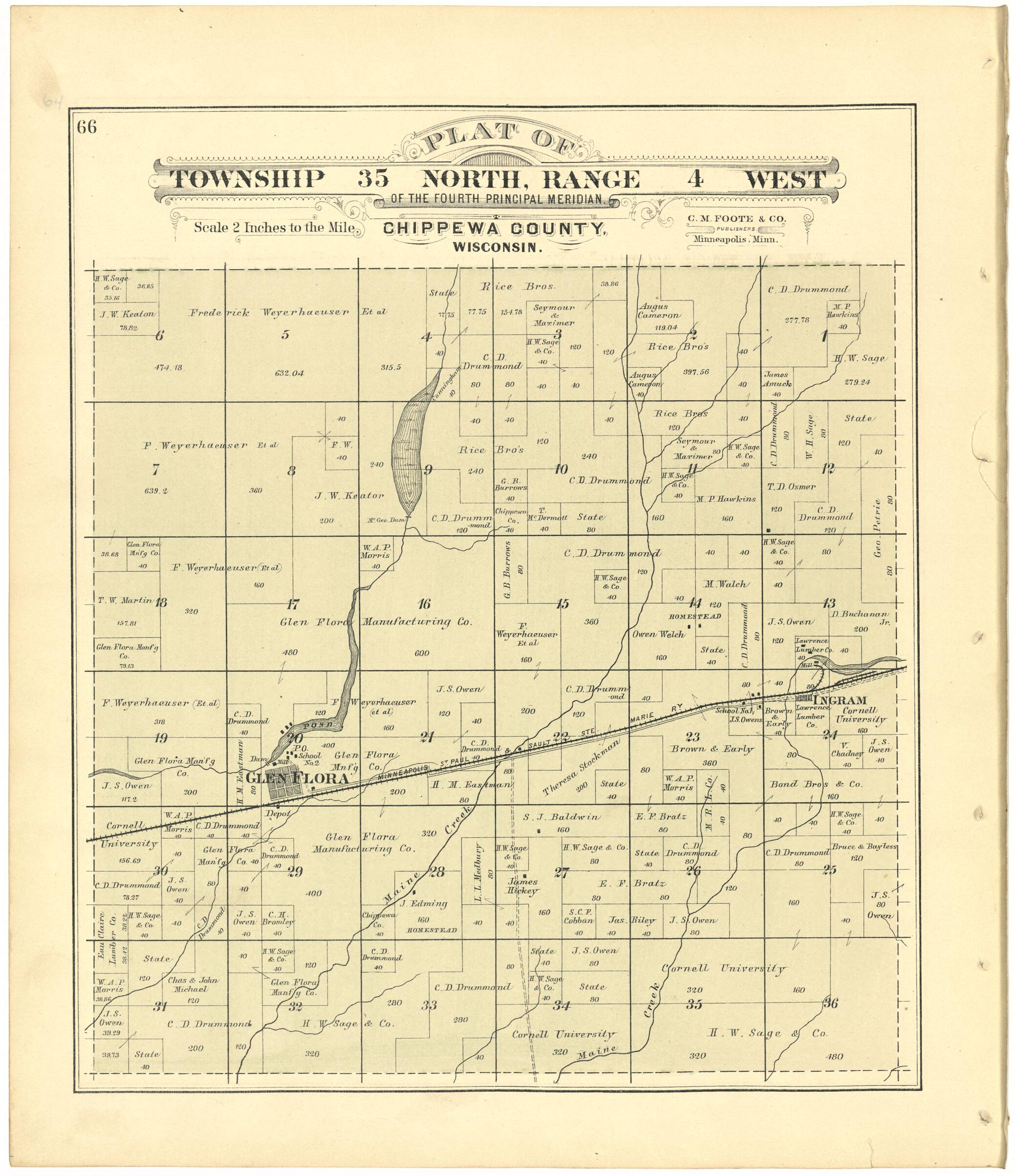 This old map of Plat of Township 35 North, Range 4 West from Plat Book of Chippewa County, Wisconsin from 1888 was created by C. M. (Charles M.) Foote in 1888