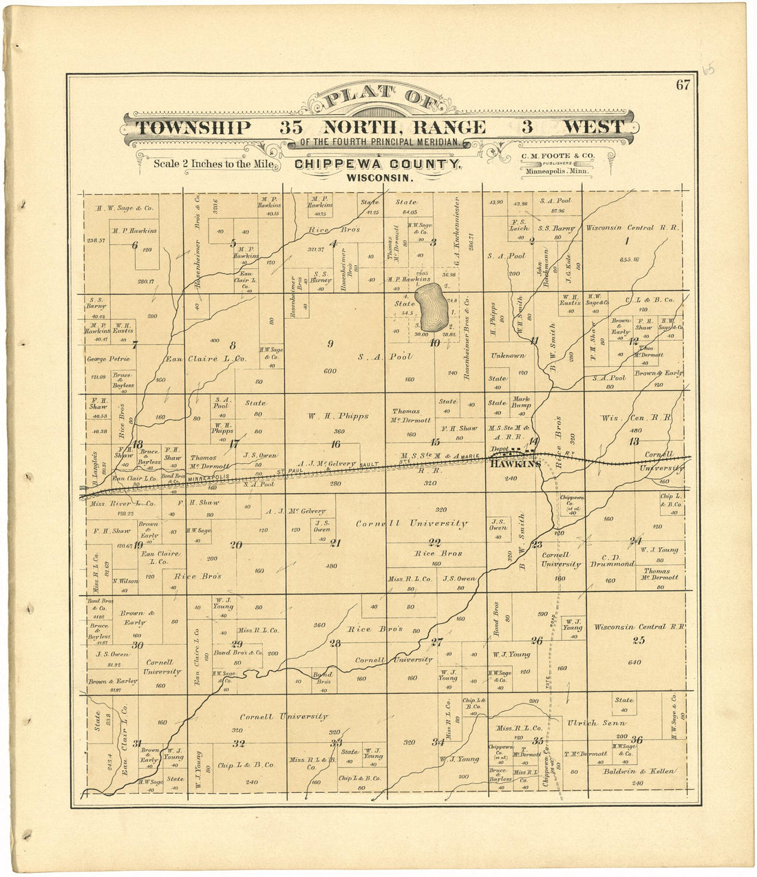This old map of Plat of Township 35 North, Range 3 West from Plat Book of Chippewa County, Wisconsin from 1888 was created by C. M. (Charles M.) Foote in 1888