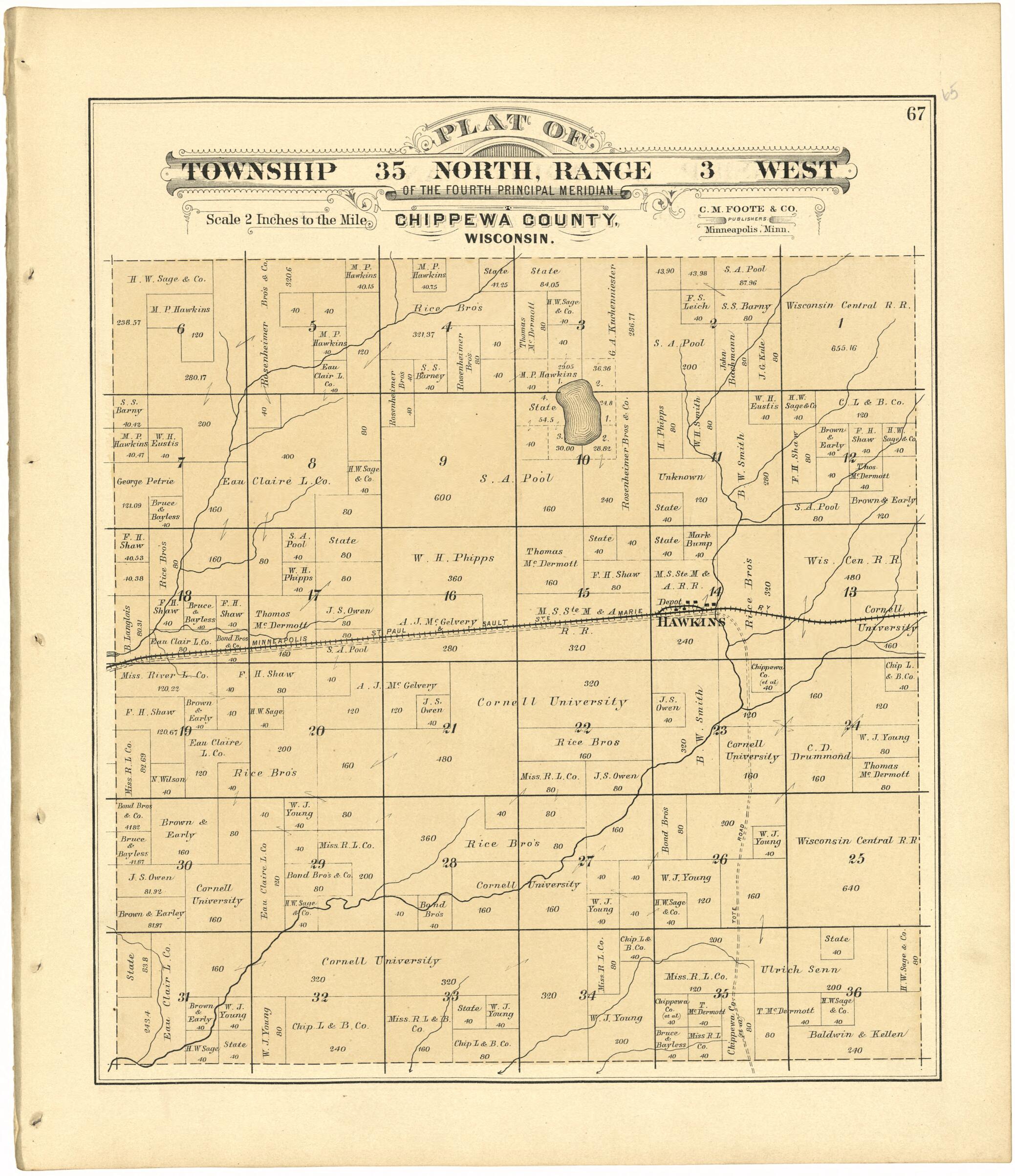 This old map of Plat of Township 35 North, Range 3 West from Plat Book of Chippewa County, Wisconsin from 1888 was created by C. M. (Charles M.) Foote in 1888
