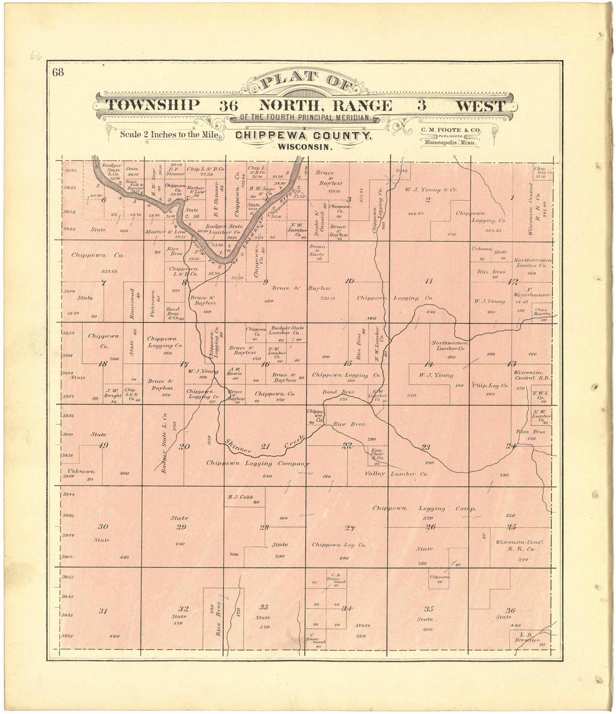 This old map of Plat of Township 36 North, Range 3 West from Plat Book of Chippewa County, Wisconsin from 1888 was created by C. M. (Charles M.) Foote in 1888