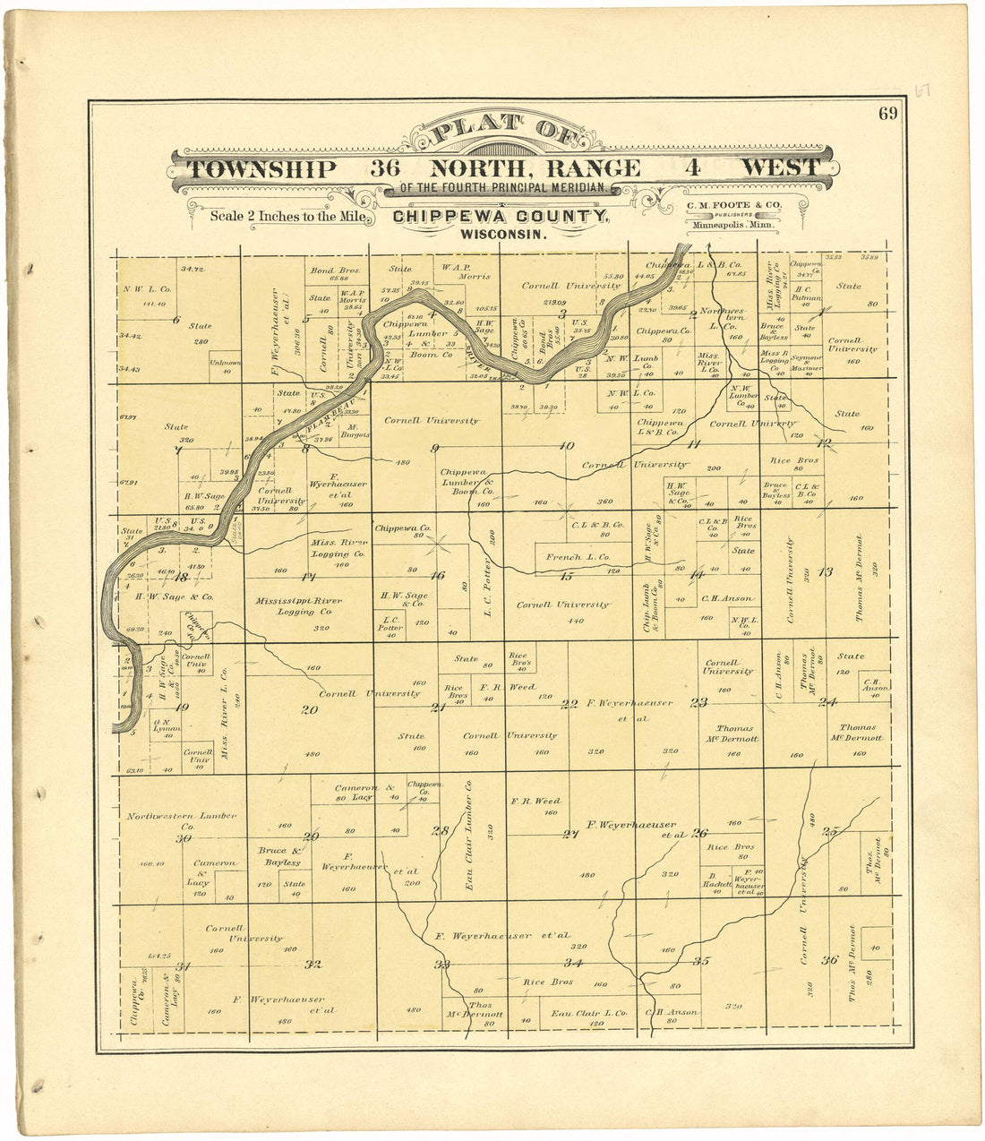 This old map of Plat of Township 36 North, Range 4 West from Plat Book of Chippewa County, Wisconsin from 1888 was created by C. M. (Charles M.) Foote in 1888