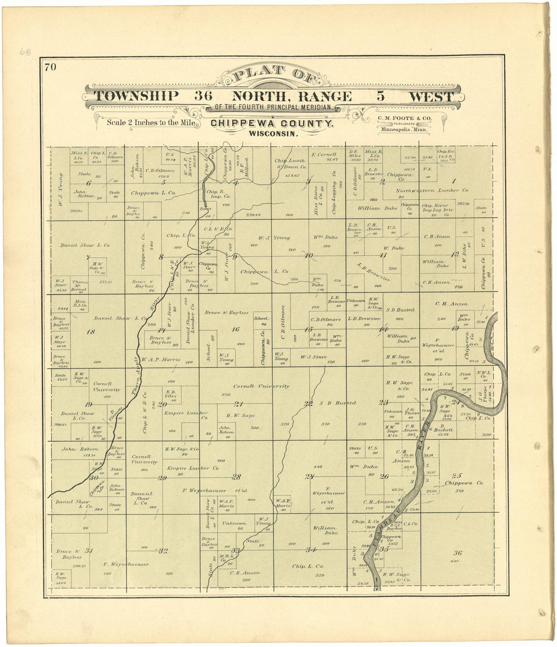 This old map of Plat of Township 36 North, Range 5 West from Plat Book of Chippewa County, Wisconsin from 1888 was created by C. M. (Charles M.) Foote in 1888