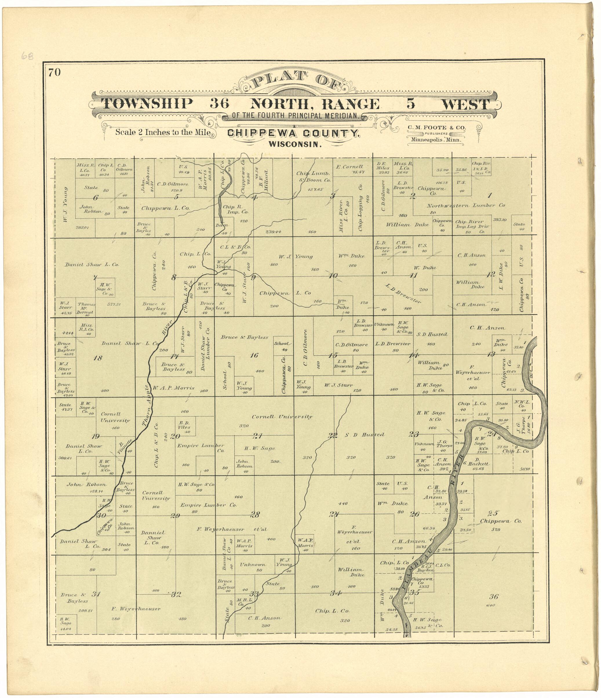 This old map of Plat of Township 36 North, Range 5 West from Plat Book of Chippewa County, Wisconsin from 1888 was created by C. M. (Charles M.) Foote in 1888
