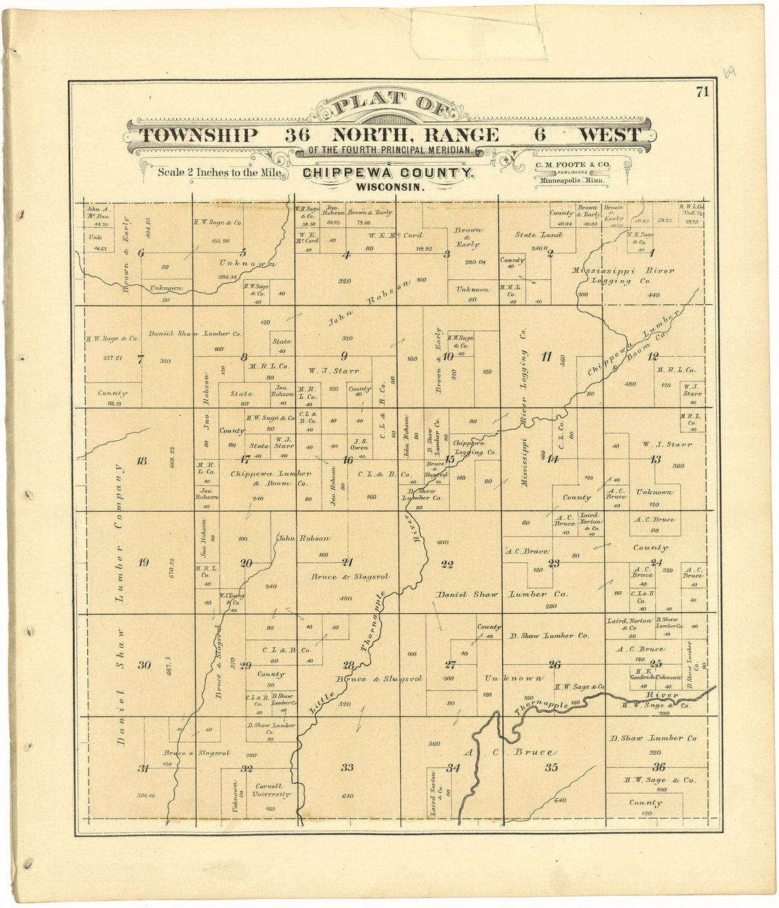 This old map of Plat of Township 36 North, Range 6 West from Plat Book of Chippewa County, Wisconsin from 1888 was created by C. M. (Charles M.) Foote in 1888