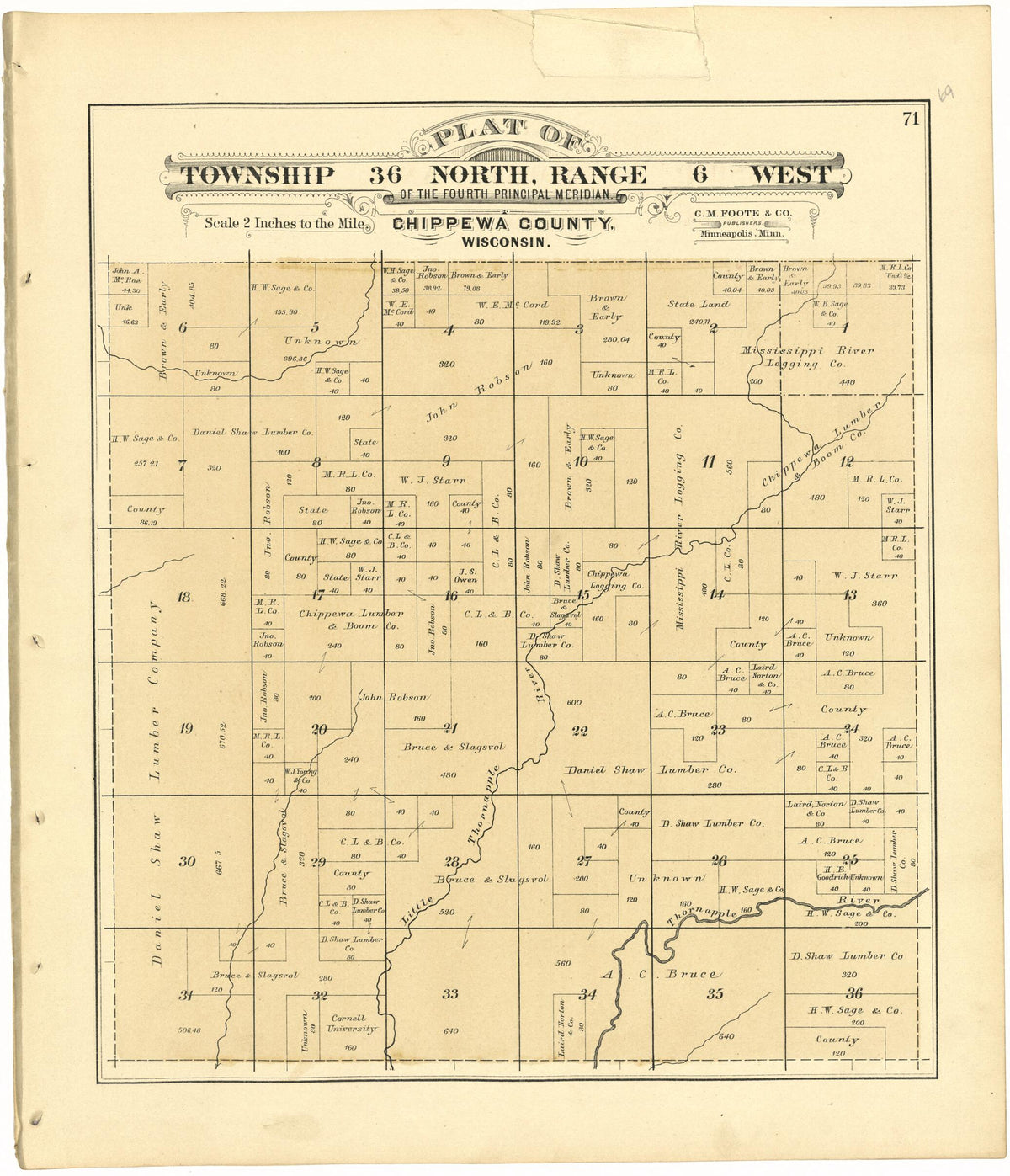 Plat of Township 36 North, Range 6 West from Plat Book of Chippewa County, Wisconsin 1888 by Relic Map Company
