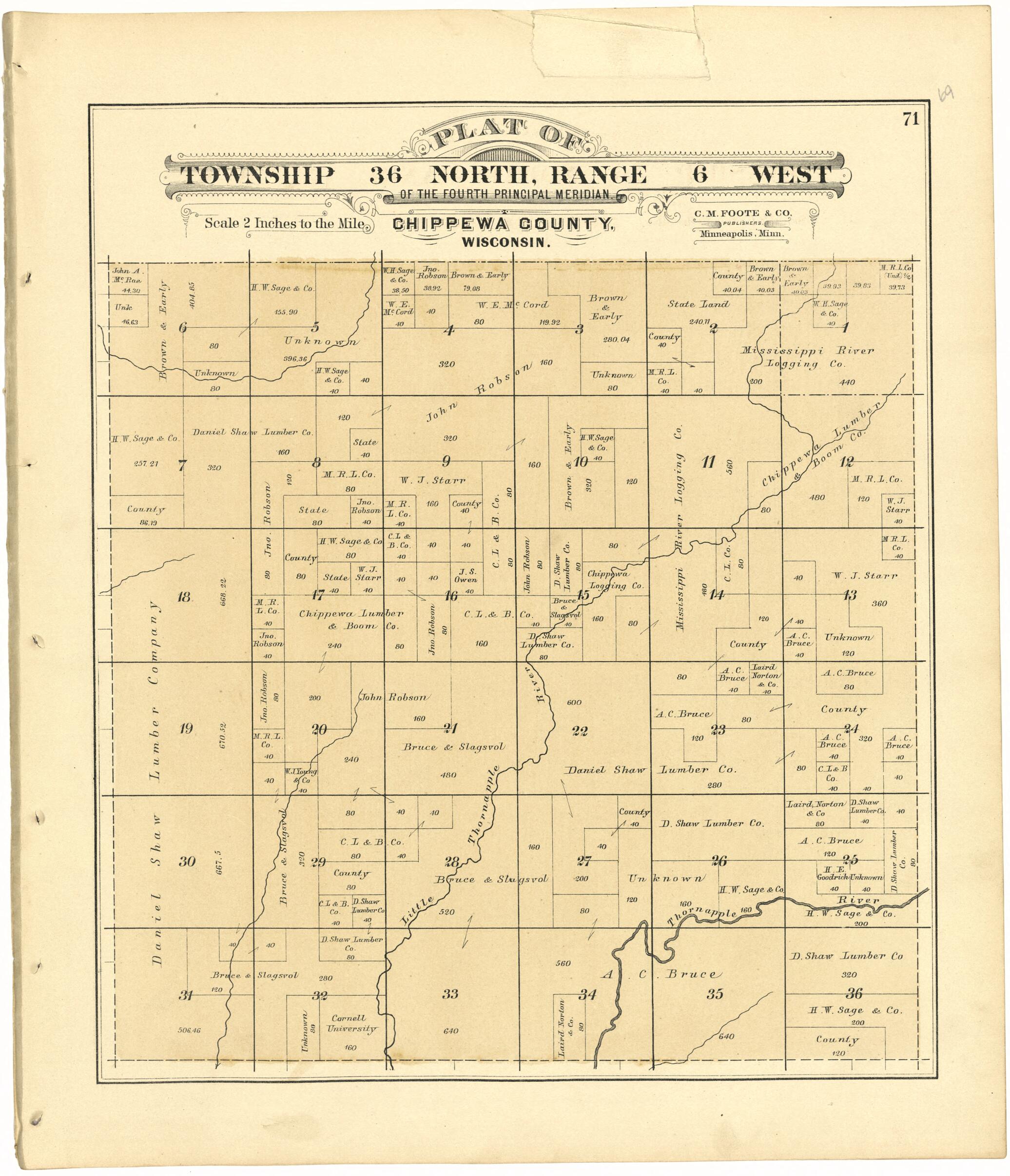 This old map of Plat of Township 36 North, Range 6 West from Plat Book of Chippewa County, Wisconsin from 1888 was created by C. M. (Charles M.) Foote in 1888