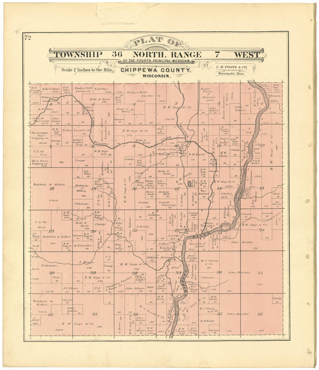 This old map of Plat of Township 36 North, Range 7 West from Plat Book of Chippewa County, Wisconsin from 1888 was created by C. M. (Charles M.) Foote in 1888