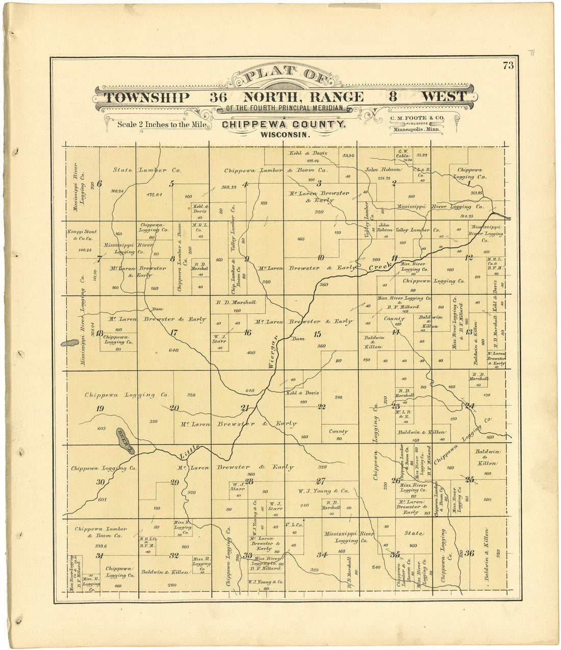 This old map of Plat of Township 36 North, Range 8 West from Plat Book of Chippewa County, Wisconsin from 1888 was created by C. M. (Charles M.) Foote in 1888