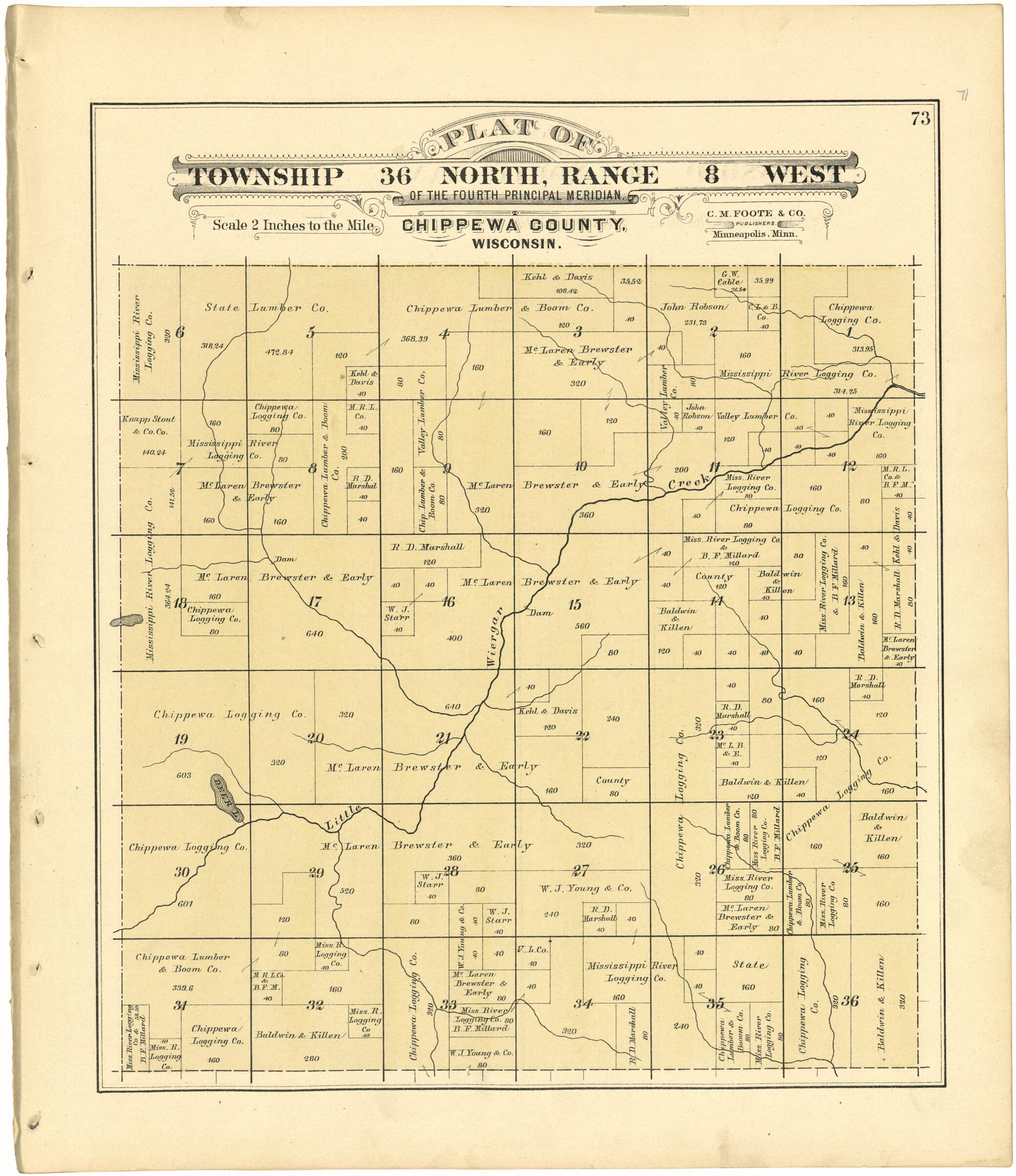This old map of Plat of Township 36 North, Range 8 West from Plat Book of Chippewa County, Wisconsin from 1888 was created by C. M. (Charles M.) Foote in 1888