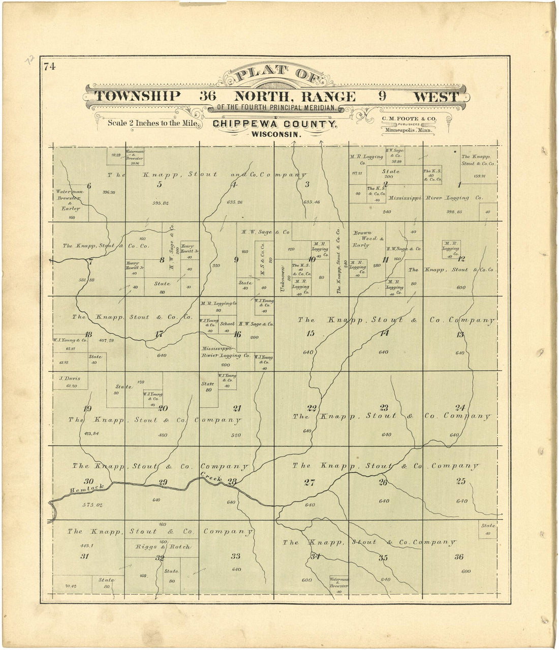 This old map of Plat of Township 36 North, Range 9 West from Plat Book of Chippewa County, Wisconsin from 1888 was created by C. M. (Charles M.) Foote in 1888