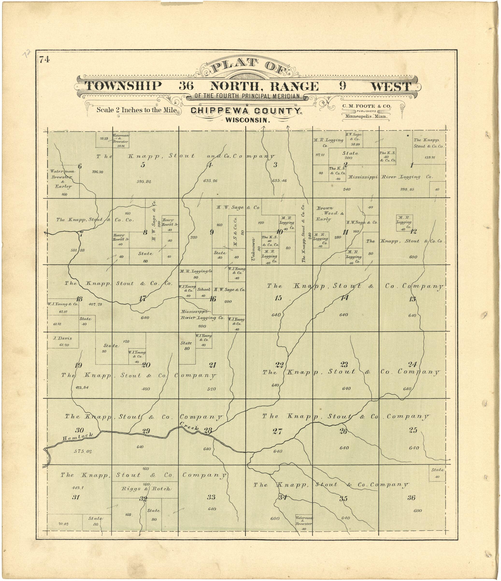 This old map of Plat of Township 36 North, Range 9 West from Plat Book of Chippewa County, Wisconsin from 1888 was created by C. M. (Charles M.) Foote in 1888